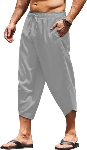 COOFANDY Men's Linen Harem Capri Pants Lightweight Loose 3/4 Shorts Drawstring Elastic Waist Casual Beach Boho Yoga Trousers