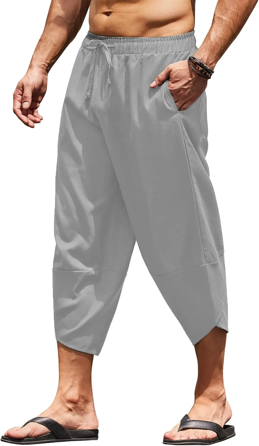 COOFANDY Men's Linen Harem Capri Pants Lightweight Loose 3/4 Shorts Drawstring Elastic Waist Casual Beach Boho Yoga Trousers