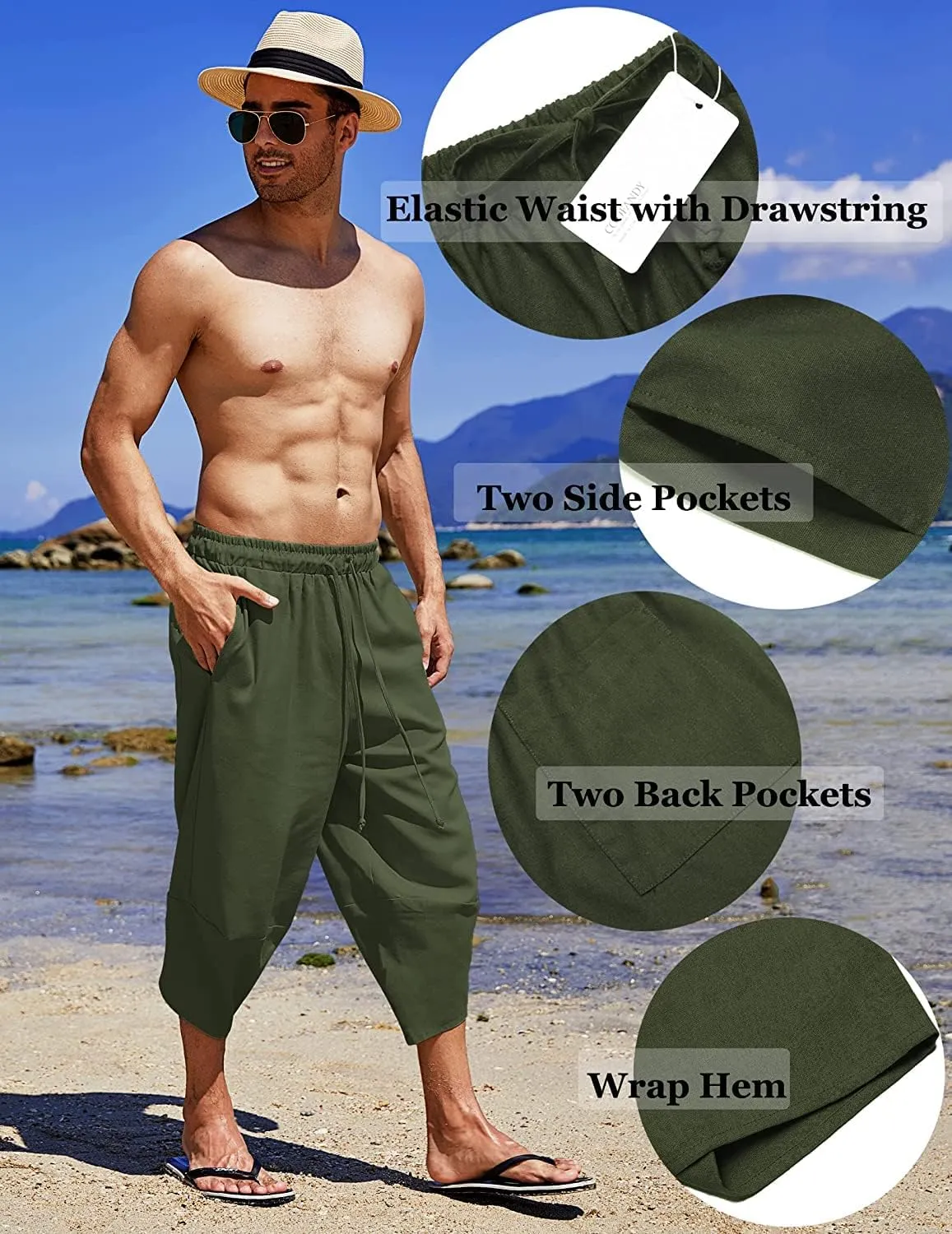COOFANDY Men's Linen Harem Capri Pants Lightweight Loose 3/4 Shorts Drawstring Elastic Waist Casual Beach Boho Yoga Trousers