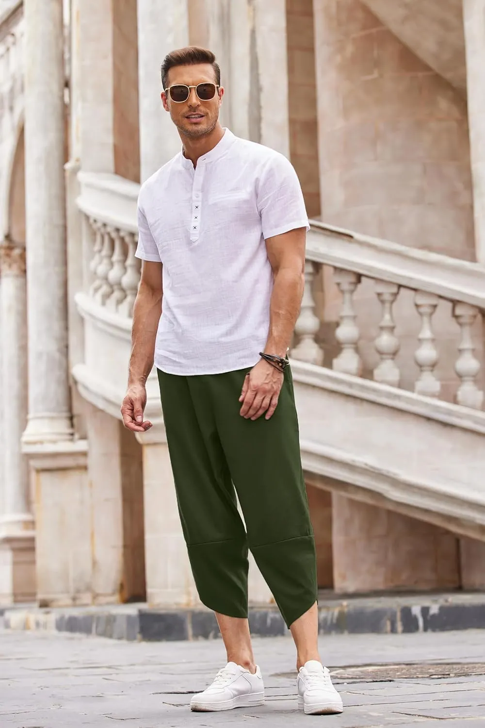 COOFANDY Men's Linen Harem Capri Pants Lightweight Loose 3/4 Shorts Drawstring Elastic Waist Casual Beach Boho Yoga Trousers