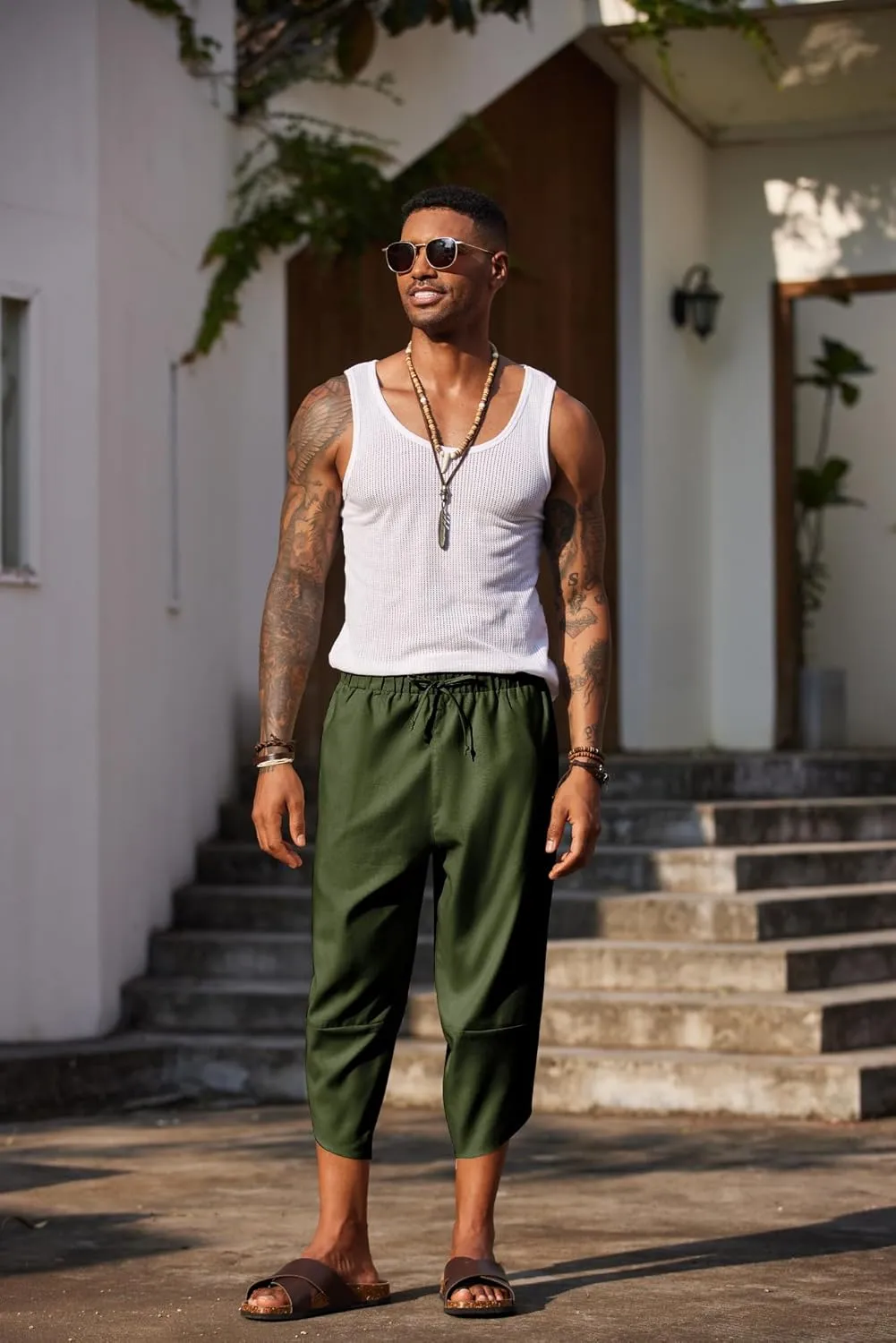 COOFANDY Men's Linen Harem Capri Pants Lightweight Loose 3/4 Shorts Drawstring Elastic Waist Casual Beach Boho Yoga Trousers