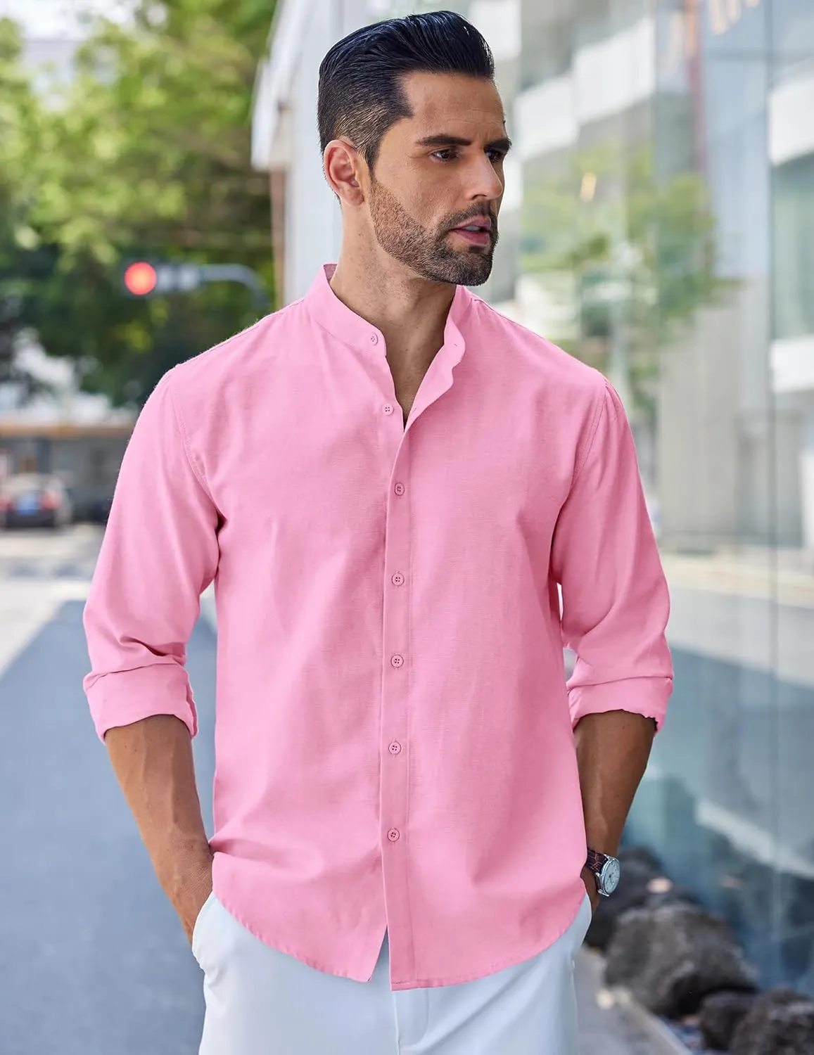 COOFANDY Men's Long Sleeve Oxford Dress Shirts Chambray Button Down Shirt Casual Band Collar Shirts