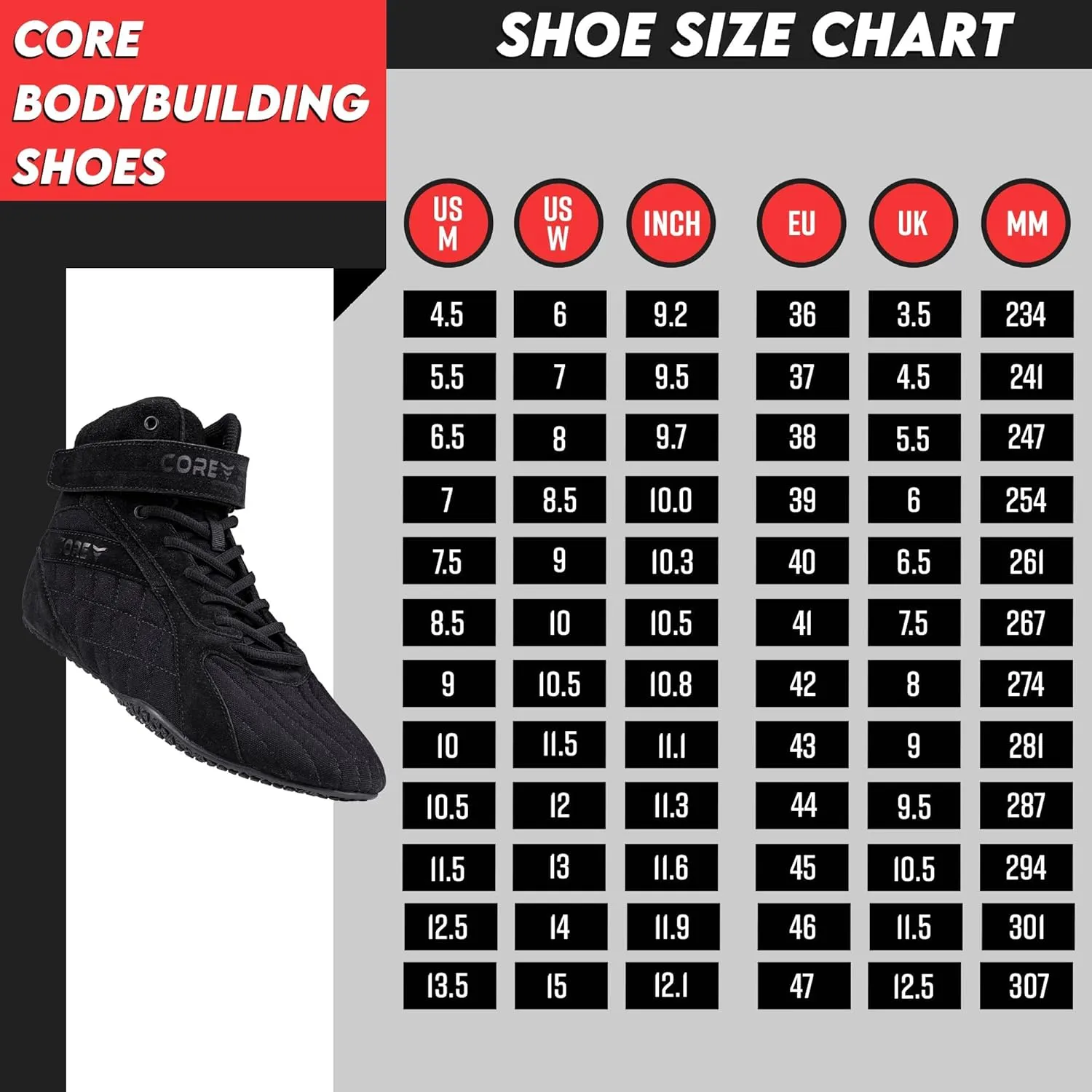 CORE Bodybuilding Shoes - Squat Shoes for Men and Women - Weightlifting Shoes for Powerlifting, Deadlifting & Gym Training - Non-Slip Flat Sole Weight Lifting Shoes - Deadlift Shoes with Arch Support