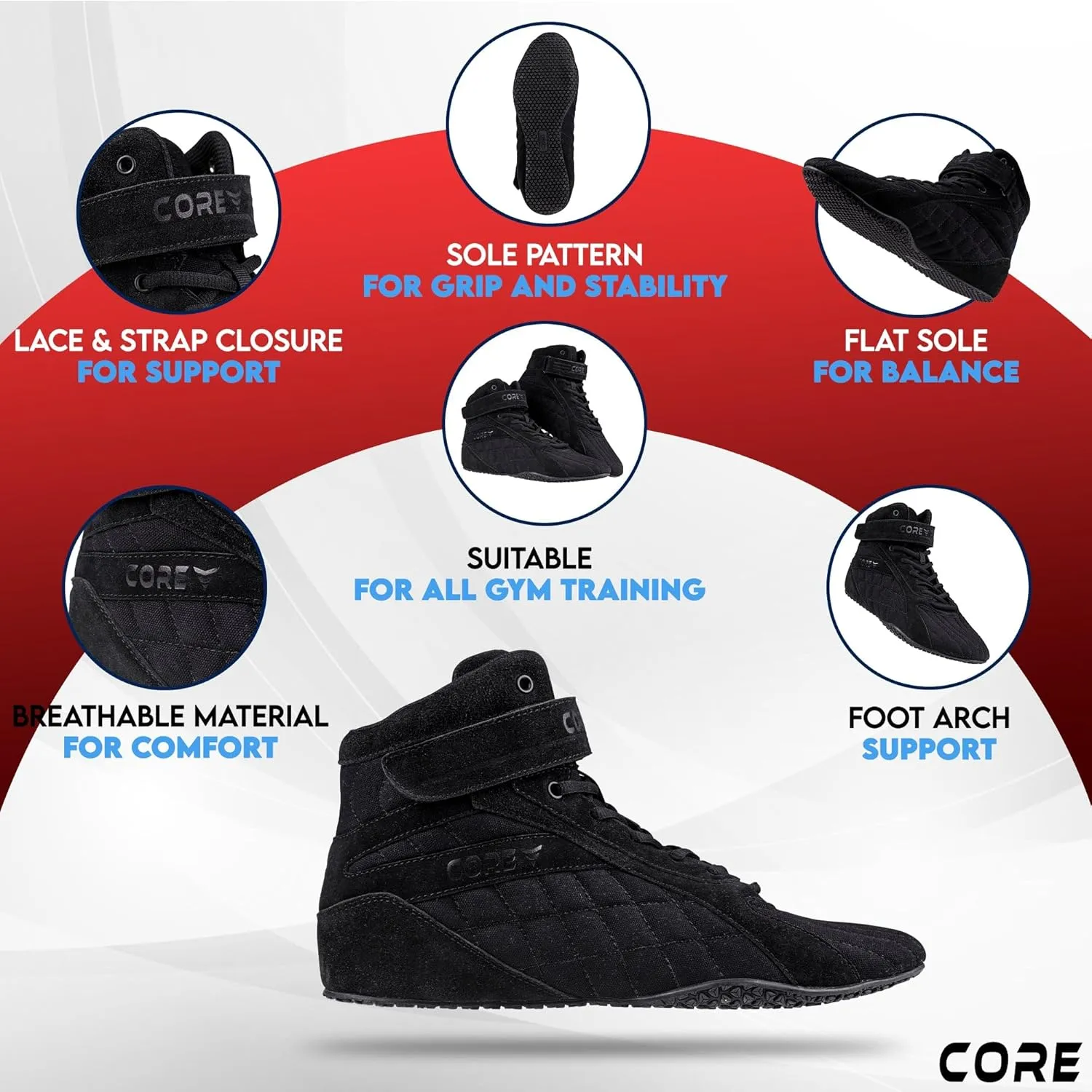 CORE Bodybuilding Shoes - Squat Shoes for Men and Women - Weightlifting Shoes for Powerlifting, Deadlifting & Gym Training - Non-Slip Flat Sole Weight Lifting Shoes - Deadlift Shoes with Arch Support