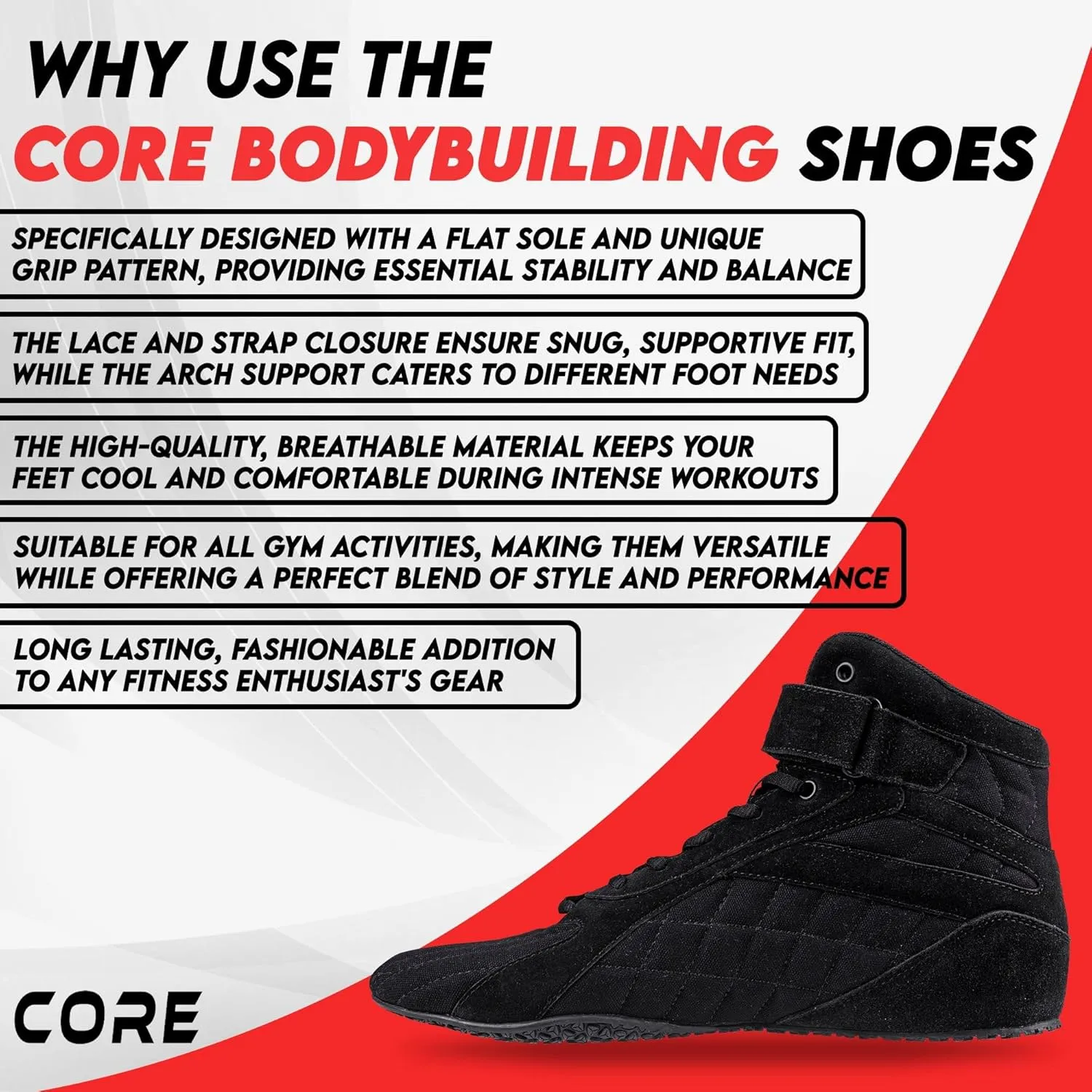 CORE Bodybuilding Shoes - Squat Shoes for Men and Women - Weightlifting Shoes for Powerlifting, Deadlifting & Gym Training - Non-Slip Flat Sole Weight Lifting Shoes - Deadlift Shoes with Arch Support