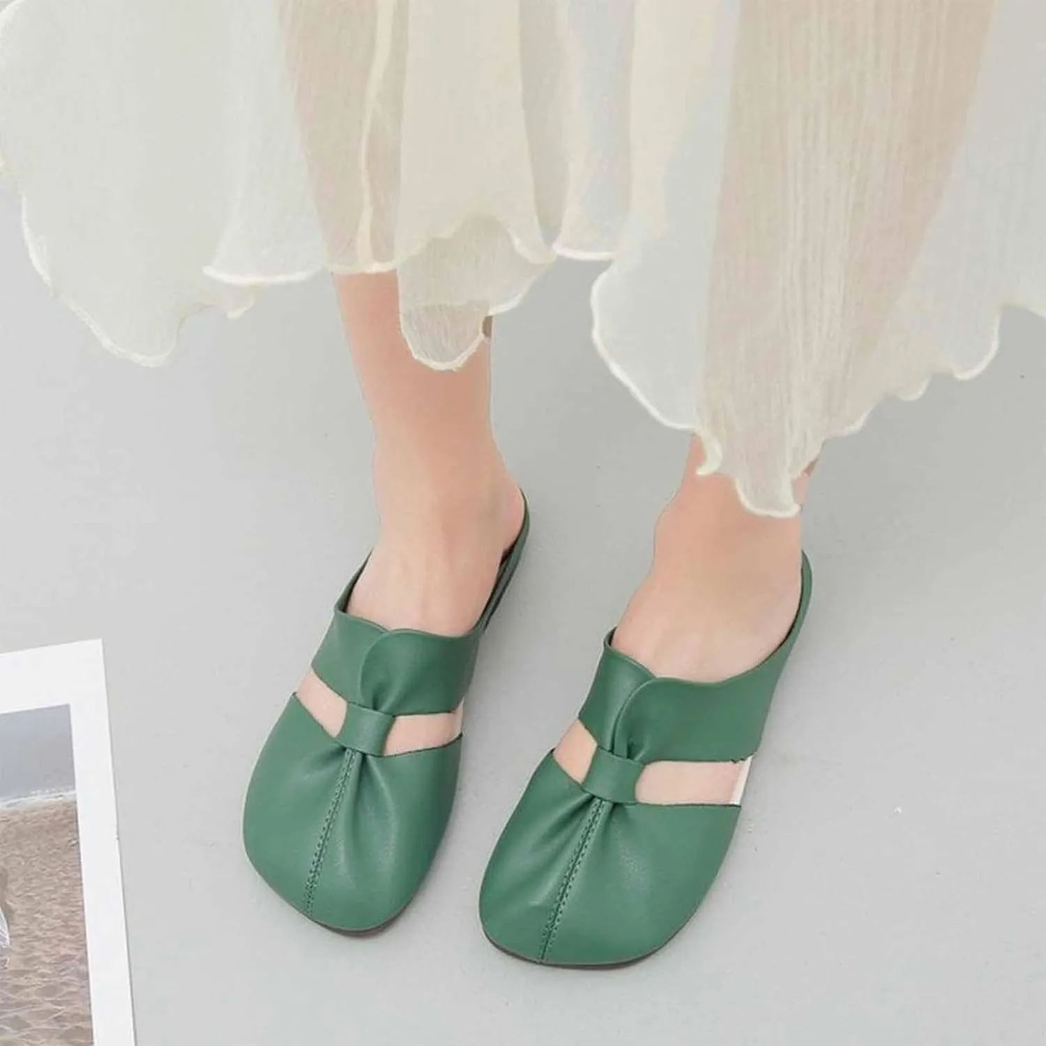 Cut Out Design Flat Mules, Women's Round Toe Mules, Flat Mules with Bow, Soft, Wear-Resistant and Non-Slip