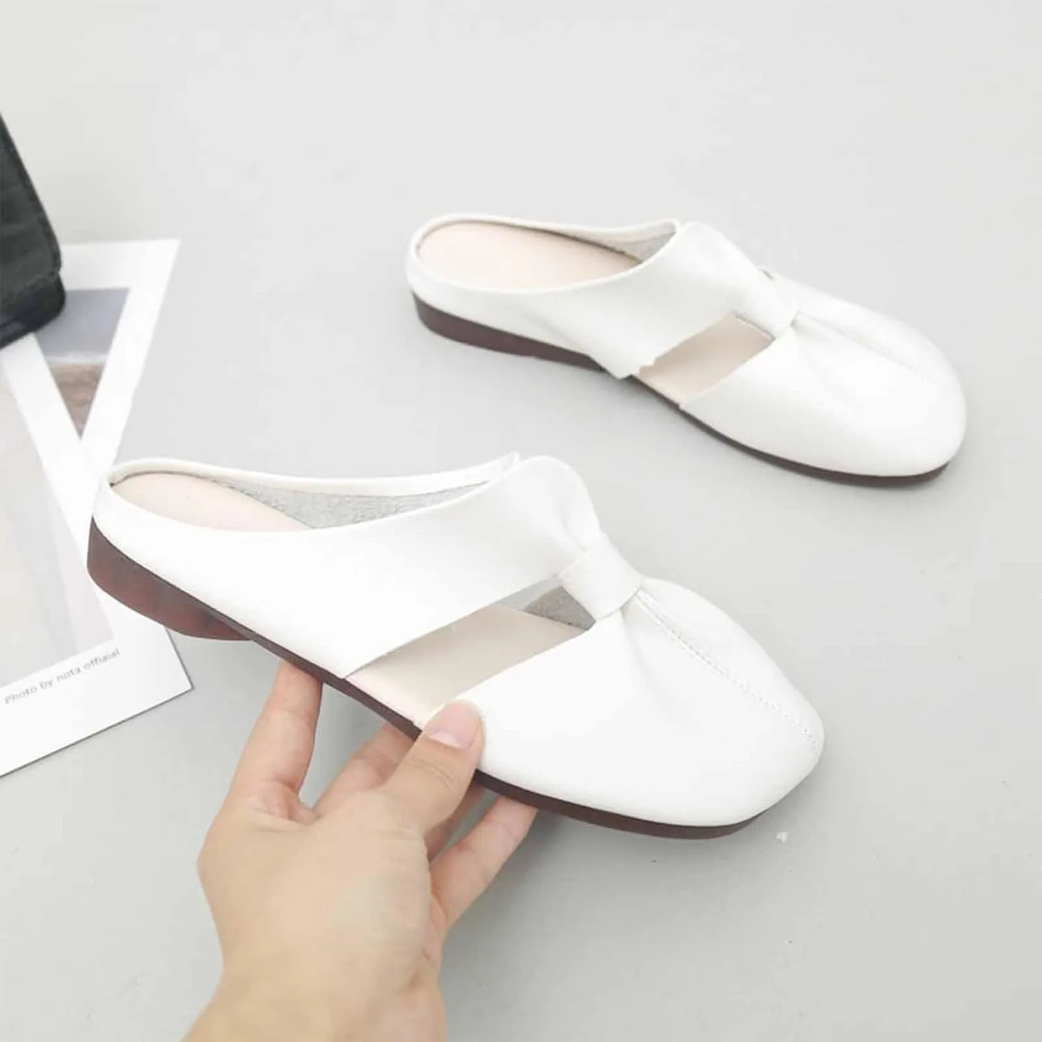 Cut Out Design Flat Mules, Women's Round Toe Mules, Flat Mules with Bow, Soft, Wear-Resistant and Non-Slip