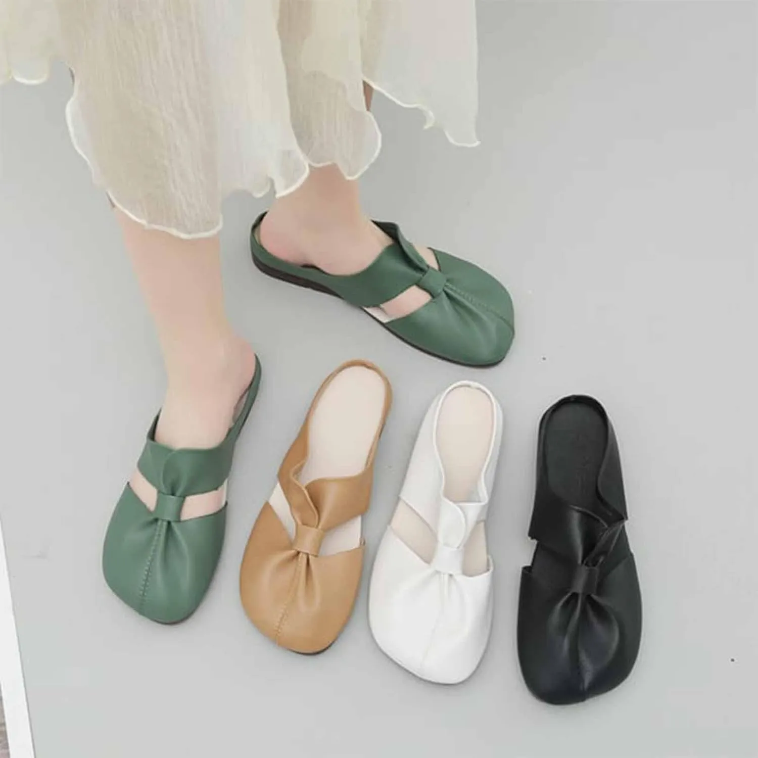 Cut Out Design Flat Mules, Women's Round Toe Mules, Flat Mules with Bow, Soft, Wear-Resistant and Non-Slip