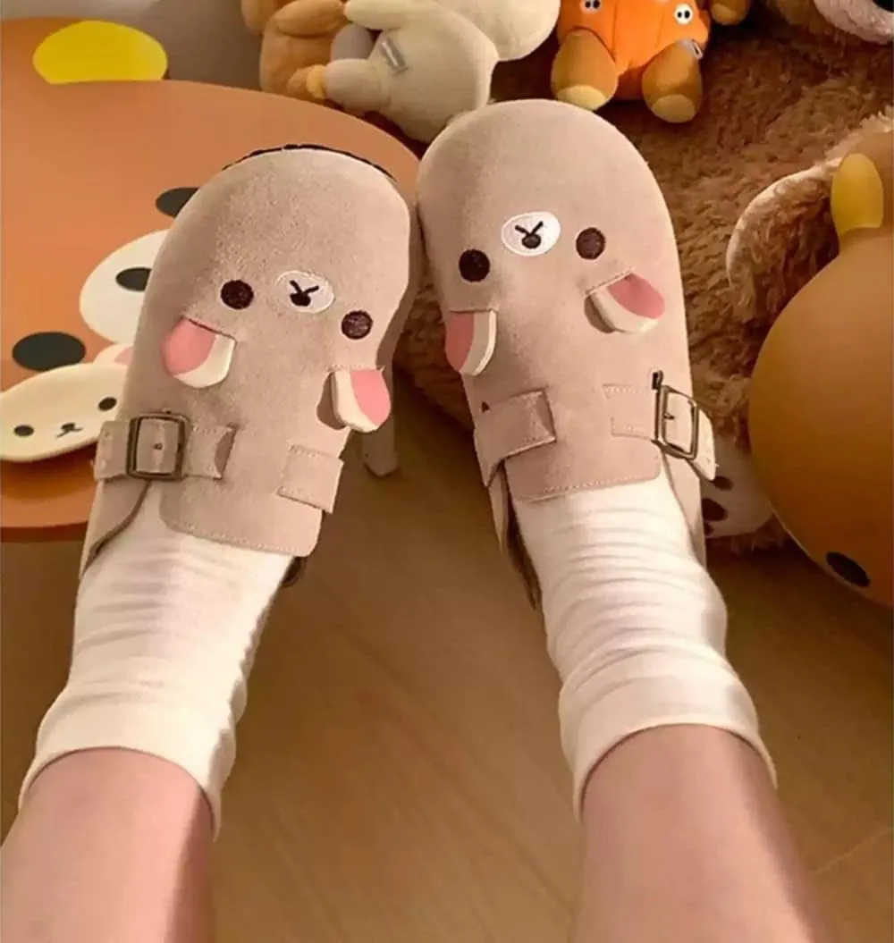 Cute Bear Clogs Slip on Mules for Women Girl Suede Comfort House Slippers Non Slip Chunky Sole Round Toe Casual Walking Slides Wide Retro Preppy Back To School Gifts for Girls Daughters Granddaughters