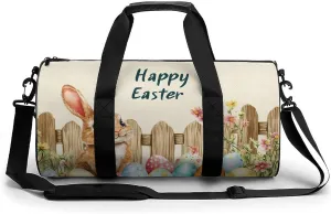 Cute Easter Bunny with Colorful Flowers Travel Gym Bag for Women Men Happy Easter Eggs Cylindrical Duffle Bag Sport Workout Bag with Shoulder Strap