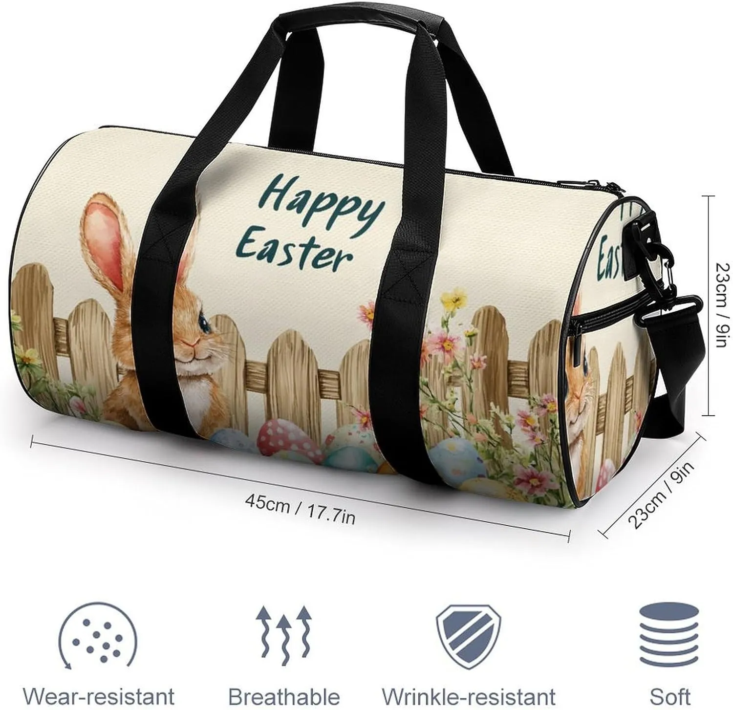 Cute Easter Bunny with Colorful Flowers Travel Gym Bag for Women Men Happy Easter Eggs Cylindrical Duffle Bag Sport Workout Bag with Shoulder Strap