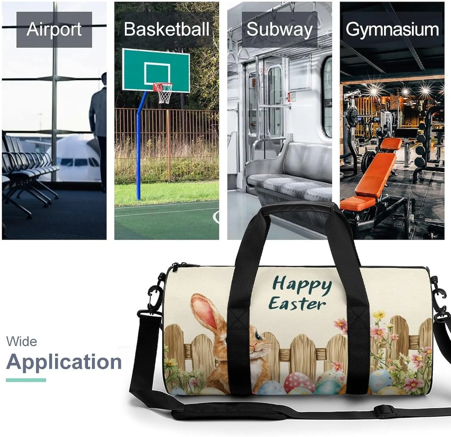 Cute Easter Bunny with Colorful Flowers Travel Gym Bag for Women Men Happy Easter Eggs Cylindrical Duffle Bag Sport Workout Bag with Shoulder Strap