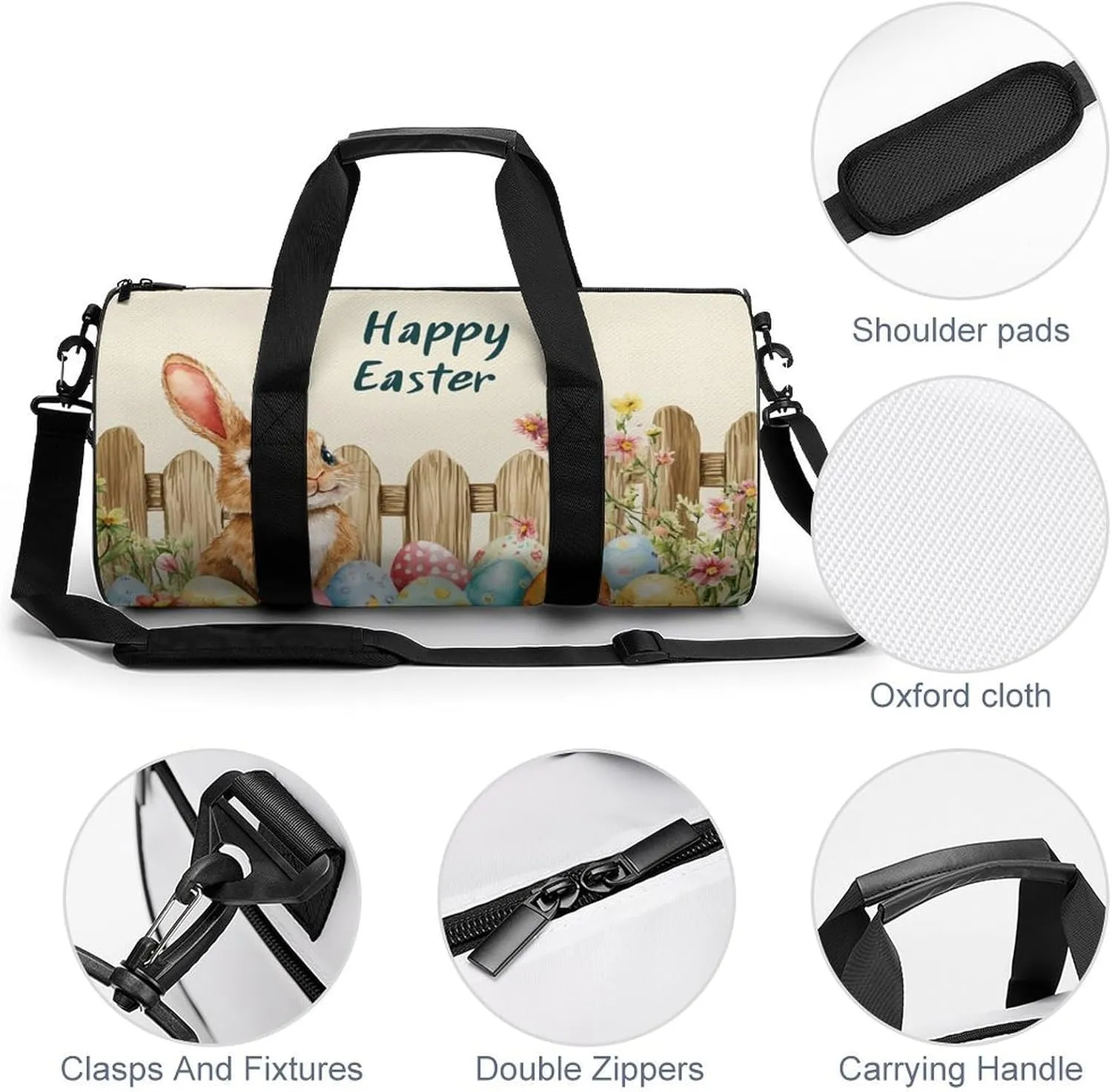 Cute Easter Bunny with Colorful Flowers Travel Gym Bag for Women Men Happy Easter Eggs Cylindrical Duffle Bag Sport Workout Bag with Shoulder Strap