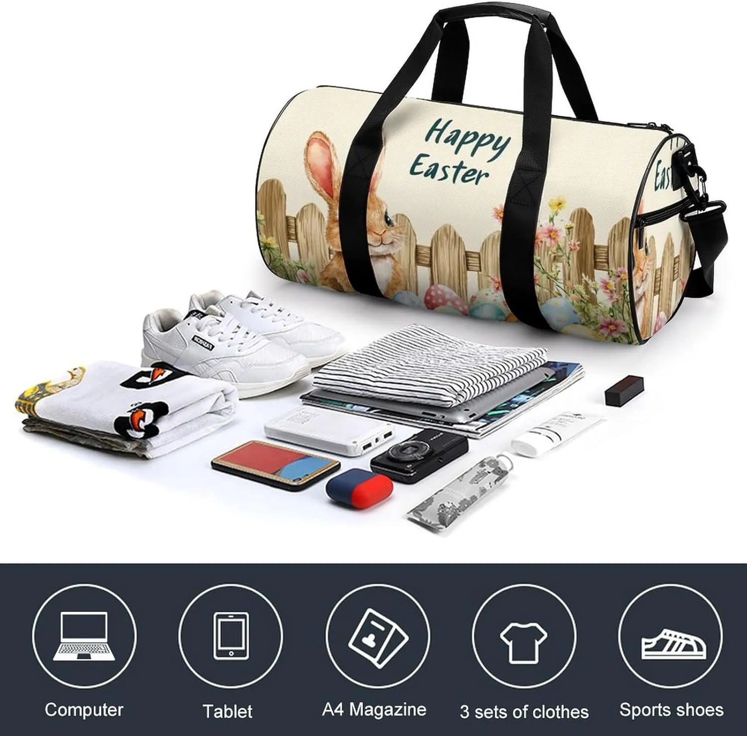 Cute Easter Bunny with Colorful Flowers Travel Gym Bag for Women Men Happy Easter Eggs Cylindrical Duffle Bag Sport Workout Bag with Shoulder Strap