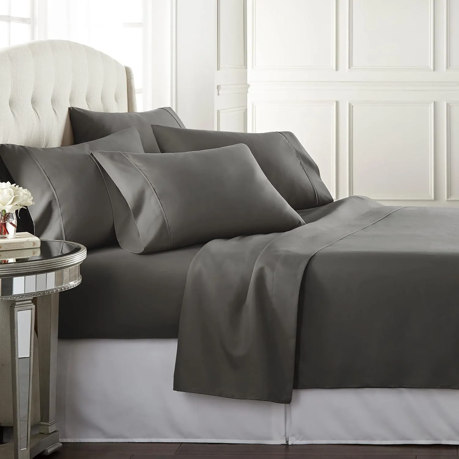 Danjor Linens King Sheet Set 6 Piece Hotel Quality Bed Sheet w/ 4 Pillowcases - Microfiber Sheet Sets with Deep Pockets, Breathable Cooling Wrinkle Free, Machine Washable for King Size Bed, Gray