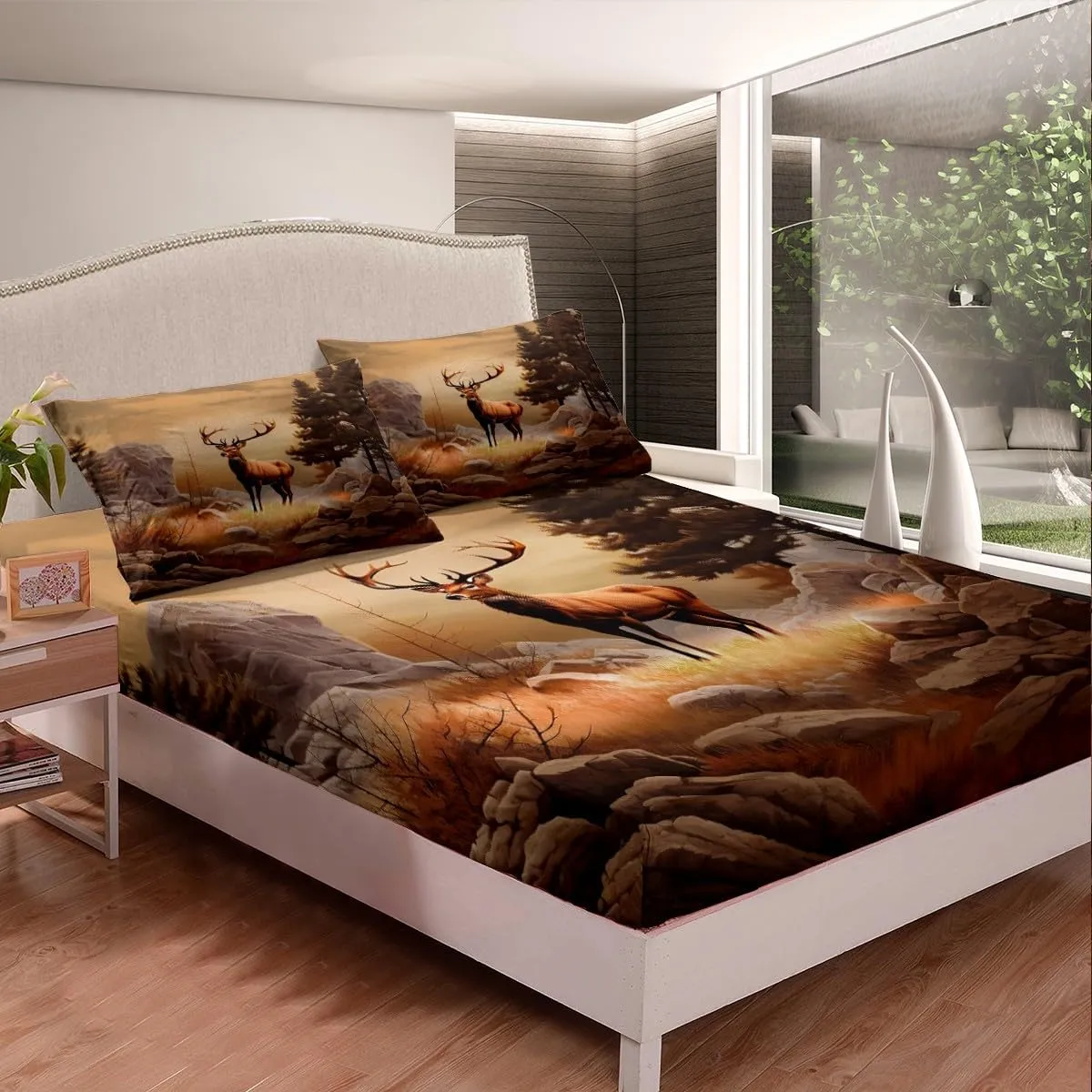 Deer Elk Sheet Set Farm Deer Forest Sheets with Deep Pocket Fitted Sheet for Kids Moose Wildlife Animal Bed Sheets Set Camping Hunting Bedding Set Room Decor 4Pcs with 2 Pillow Case King Size