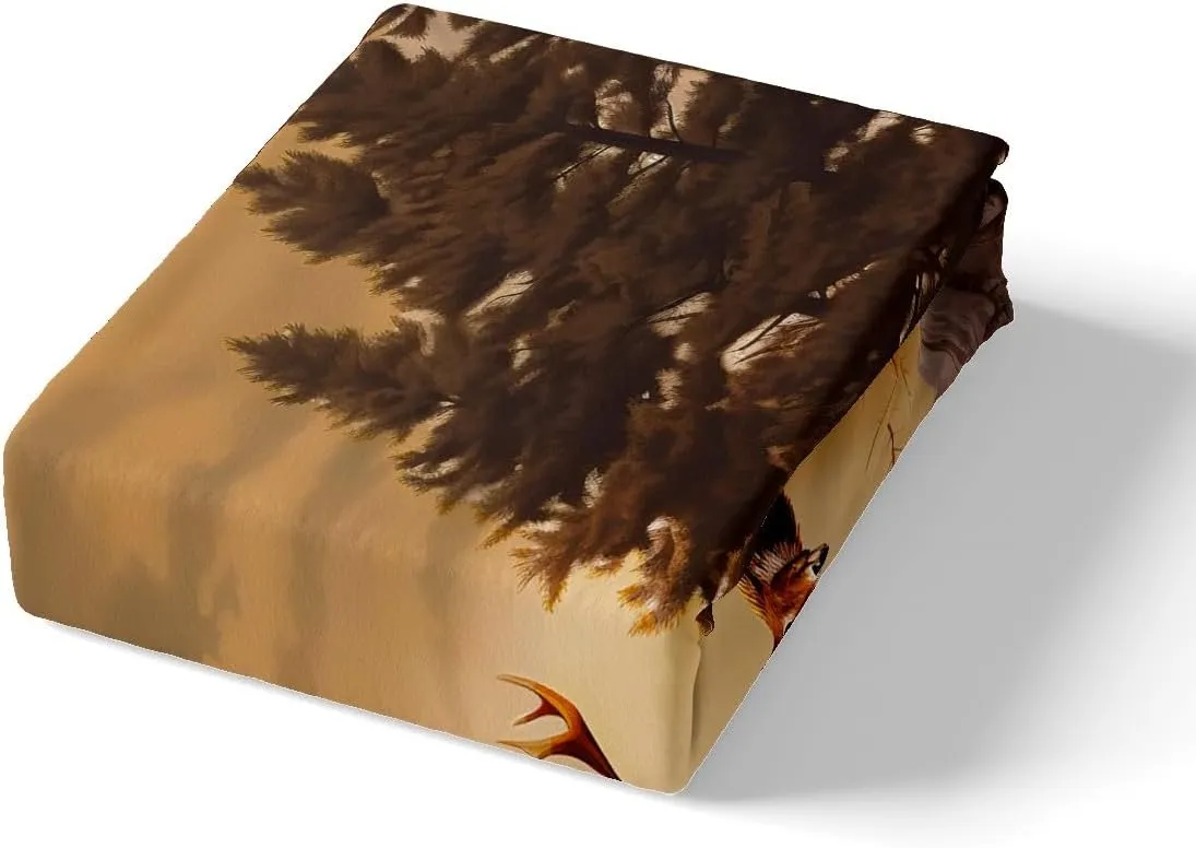 Deer Elk Sheet Set Farm Deer Forest Sheets with Deep Pocket Fitted Sheet for Kids Moose Wildlife Animal Bed Sheets Set Camping Hunting Bedding Set Room Decor 4Pcs with 2 Pillow Case King Size