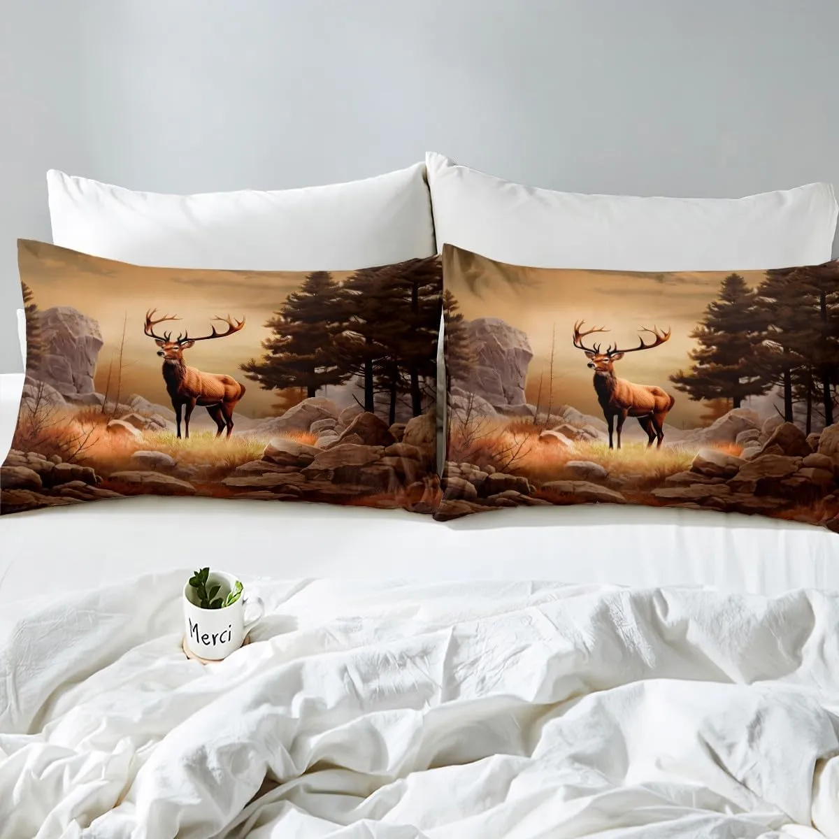 Deer Elk Sheet Set Farm Deer Forest Sheets with Deep Pocket Fitted Sheet for Kids Moose Wildlife Animal Bed Sheets Set Camping Hunting Bedding Set Room Decor 4Pcs with 2 Pillow Case King Size
