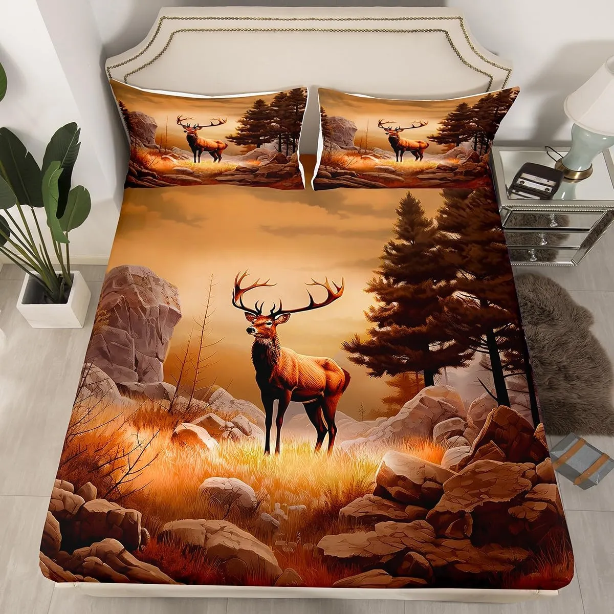 Deer Elk Sheet Set Farm Deer Forest Sheets with Deep Pocket Fitted Sheet for Kids Moose Wildlife Animal Bed Sheets Set Camping Hunting Bedding Set Room Decor 4Pcs with 2 Pillow Case King Size