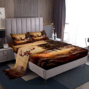 Deer Elk Sheet Set Farm Deer Forest Sheets with Deep Pocket Fitted Sheet for Kids Moose Wildlife Animal Bed Sheets Set Camping Hunting Bedding Set Room Decor 4Pcs with 2 Pillow Case King Size