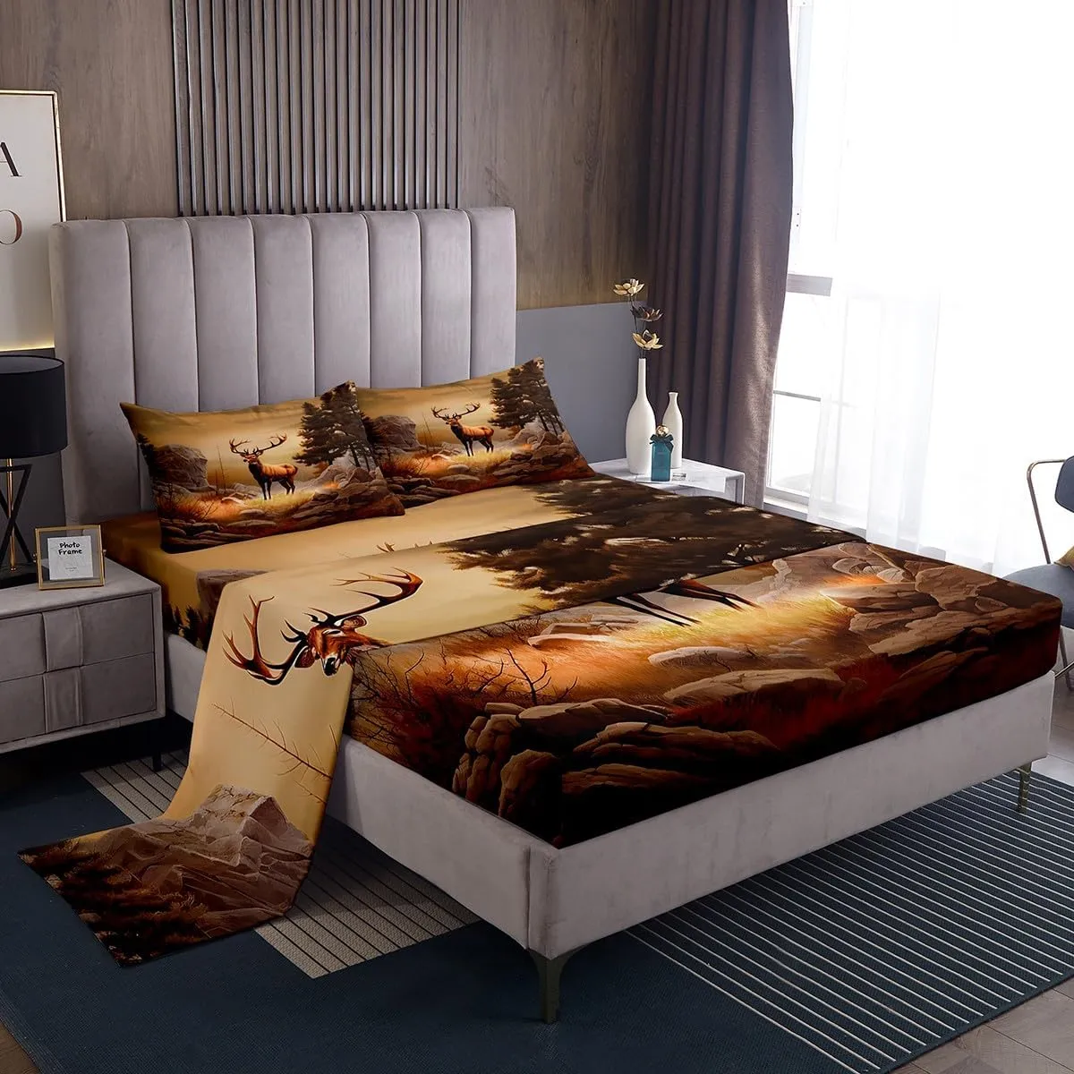 Deer Elk Sheet Set Farm Deer Forest Sheets with Deep Pocket Fitted Sheet for Kids Moose Wildlife Animal Bed Sheets Set Camping Hunting Bedding Set Room Decor 4Pcs with 2 Pillow Case King Size