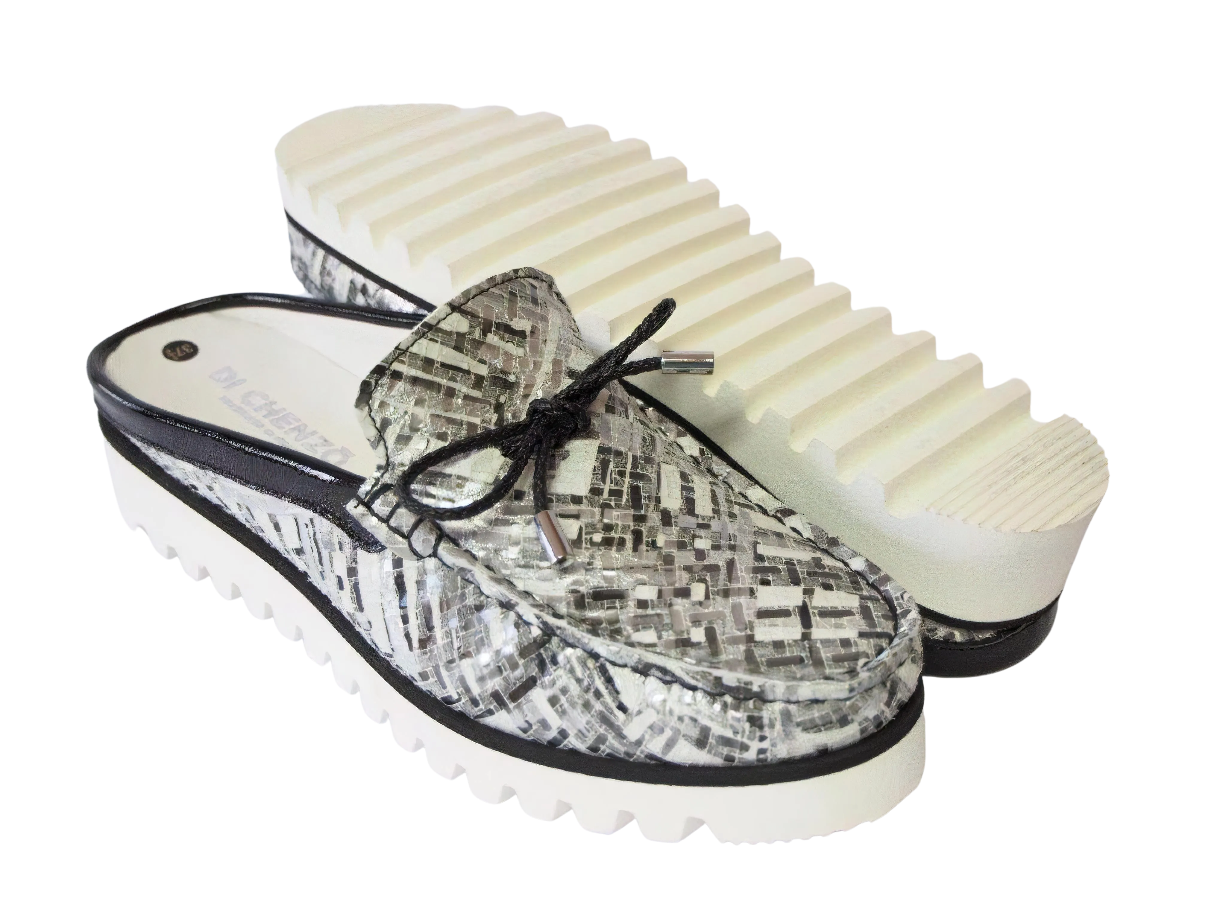 DI CHENZO Women's 955 Black and White Square Print Leather Mule