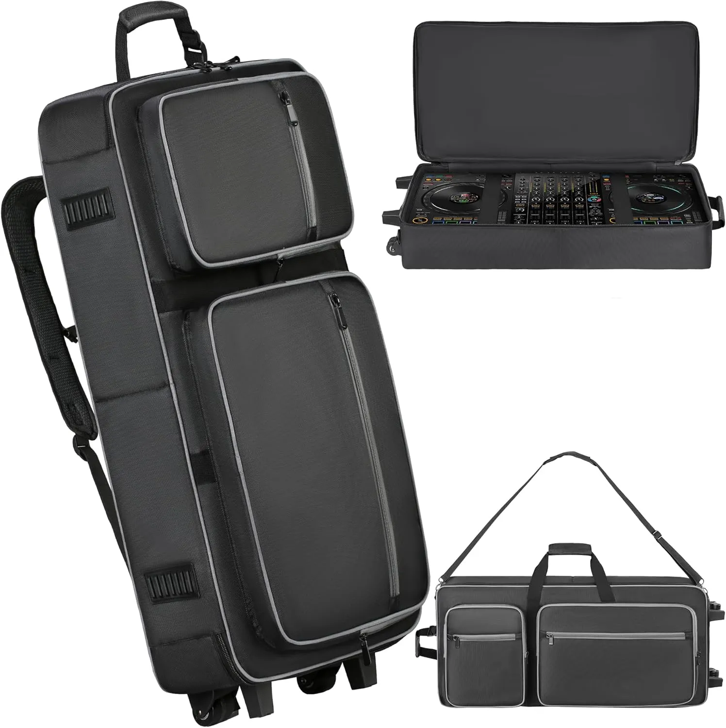 DJ Controller Soft Case with Wheels - Compatible with DDJ 800 / FLX6 / SX2/SX3 / MC7000 / Rane One/Mixon 8 Pro, Padded Roller Bag with Multi-pocket for DJ Controller & Accessories
