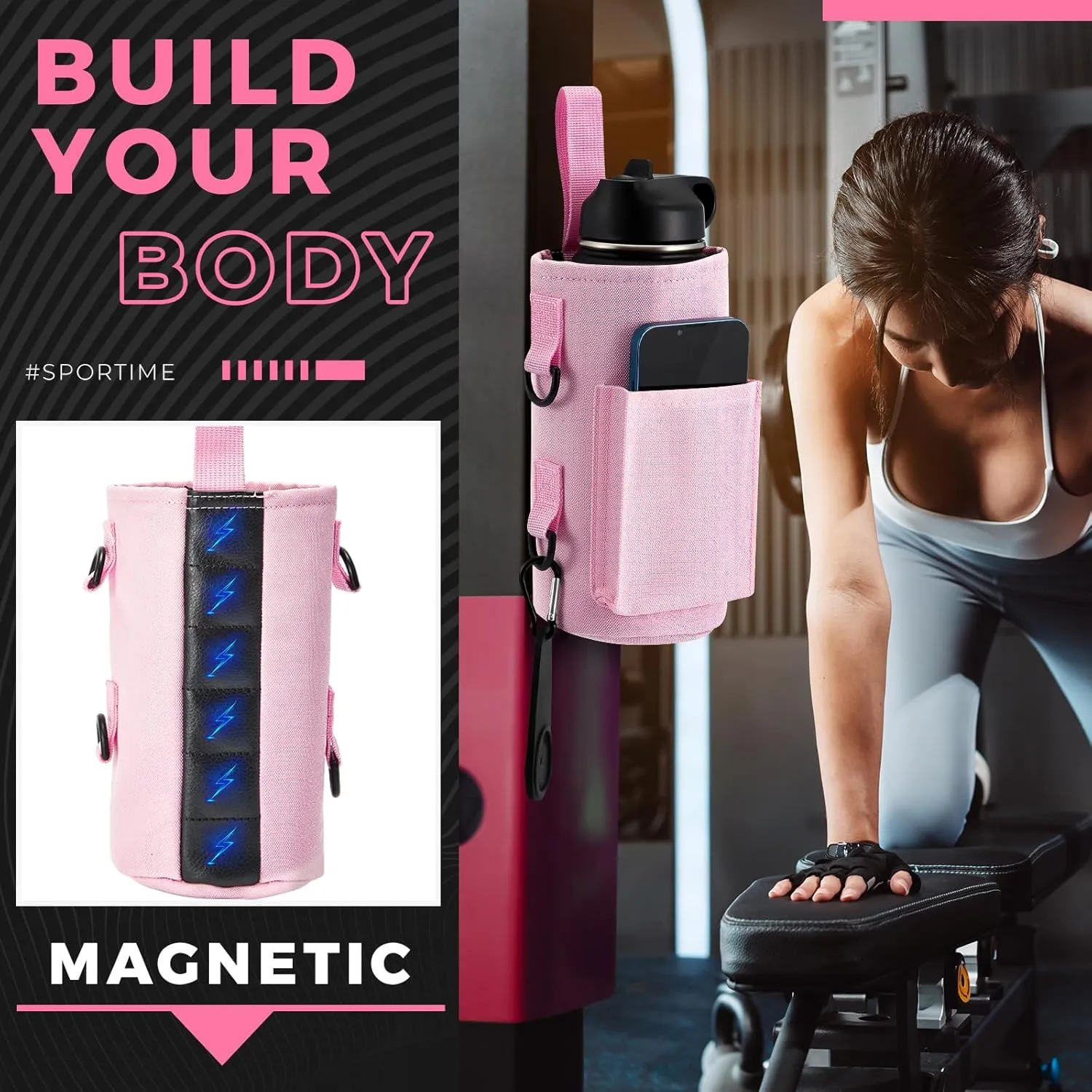 Domensi Magnetic Water Bottle Holder Gym Water Bottle Carrier Bag Pouch Sleeve with Phone Pocket Silicone Towel Buckle and Sling for Men Women Gym Accessories Organizer