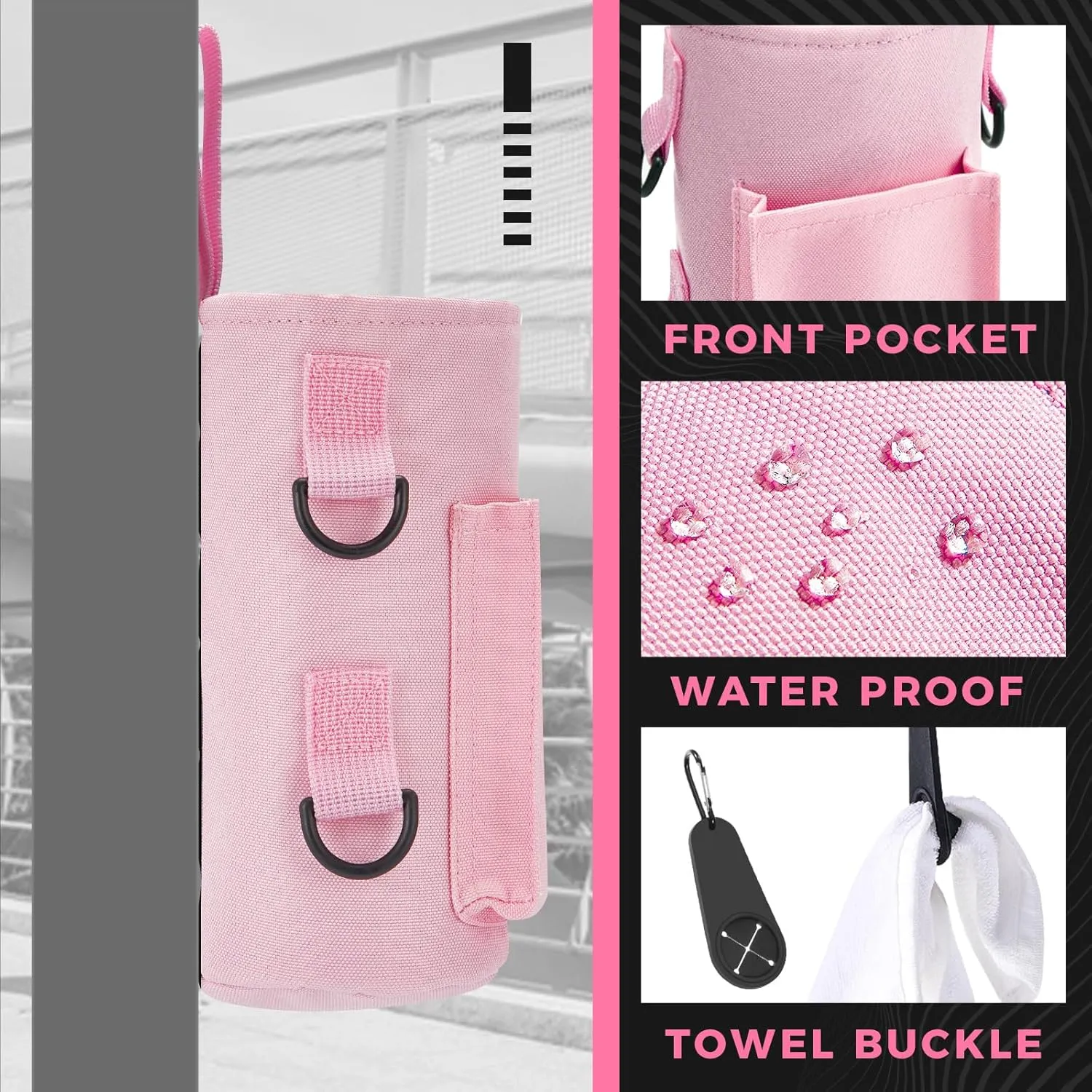 Domensi Magnetic Water Bottle Holder Gym Water Bottle Carrier Bag Pouch Sleeve with Phone Pocket Silicone Towel Buckle and Sling for Men Women Gym Accessories Organizer