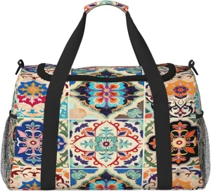 Duffle Bag Colorful Boho Ceramic Tile Travel Duffel Bags for Men Women with Adjustable Strap Carry on Gym Bag Overnight Weekender Bag