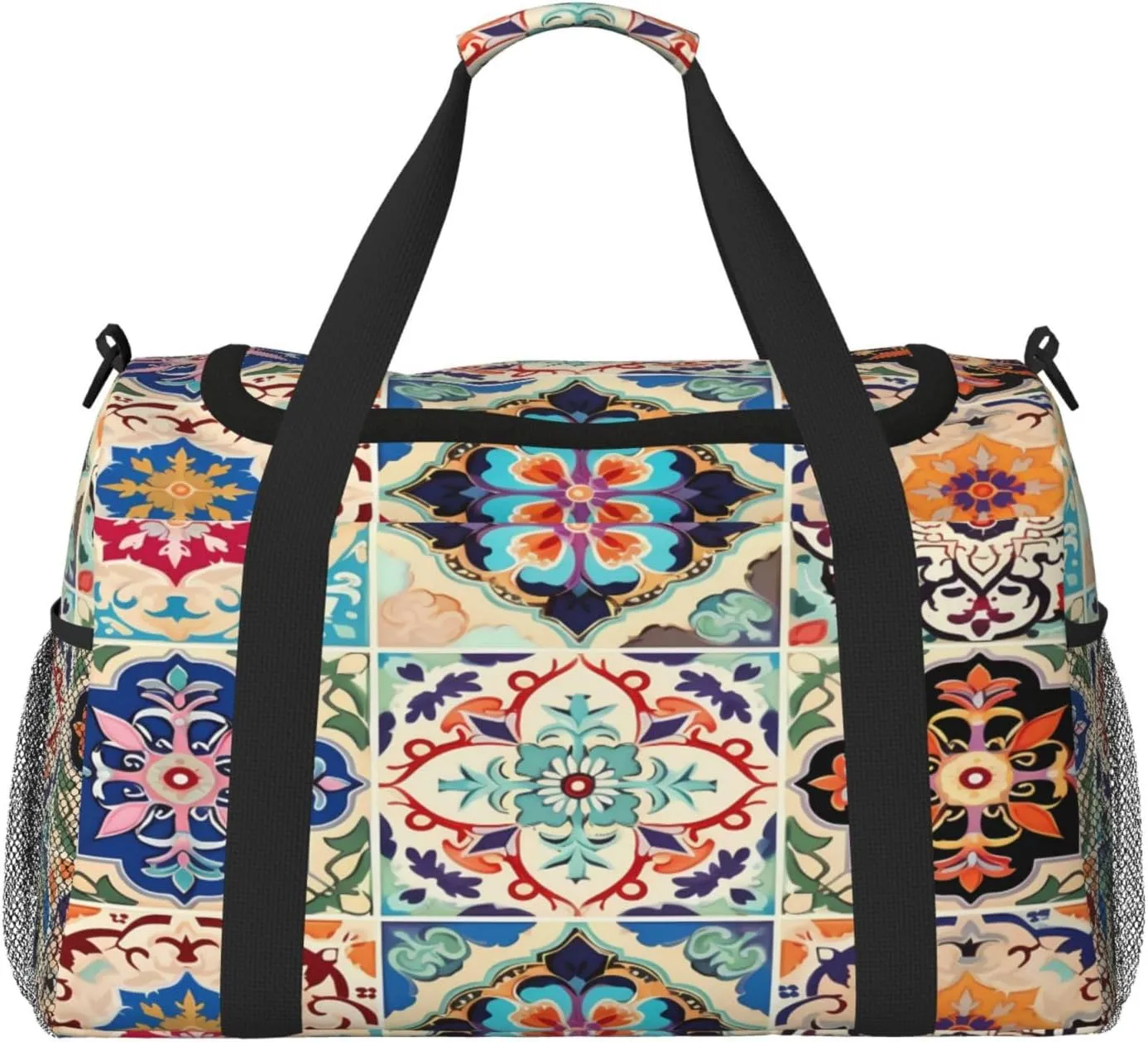 Duffle Bag Colorful Boho Ceramic Tile Travel Duffel Bags for Men Women with Adjustable Strap Carry on Gym Bag Overnight Weekender Bag