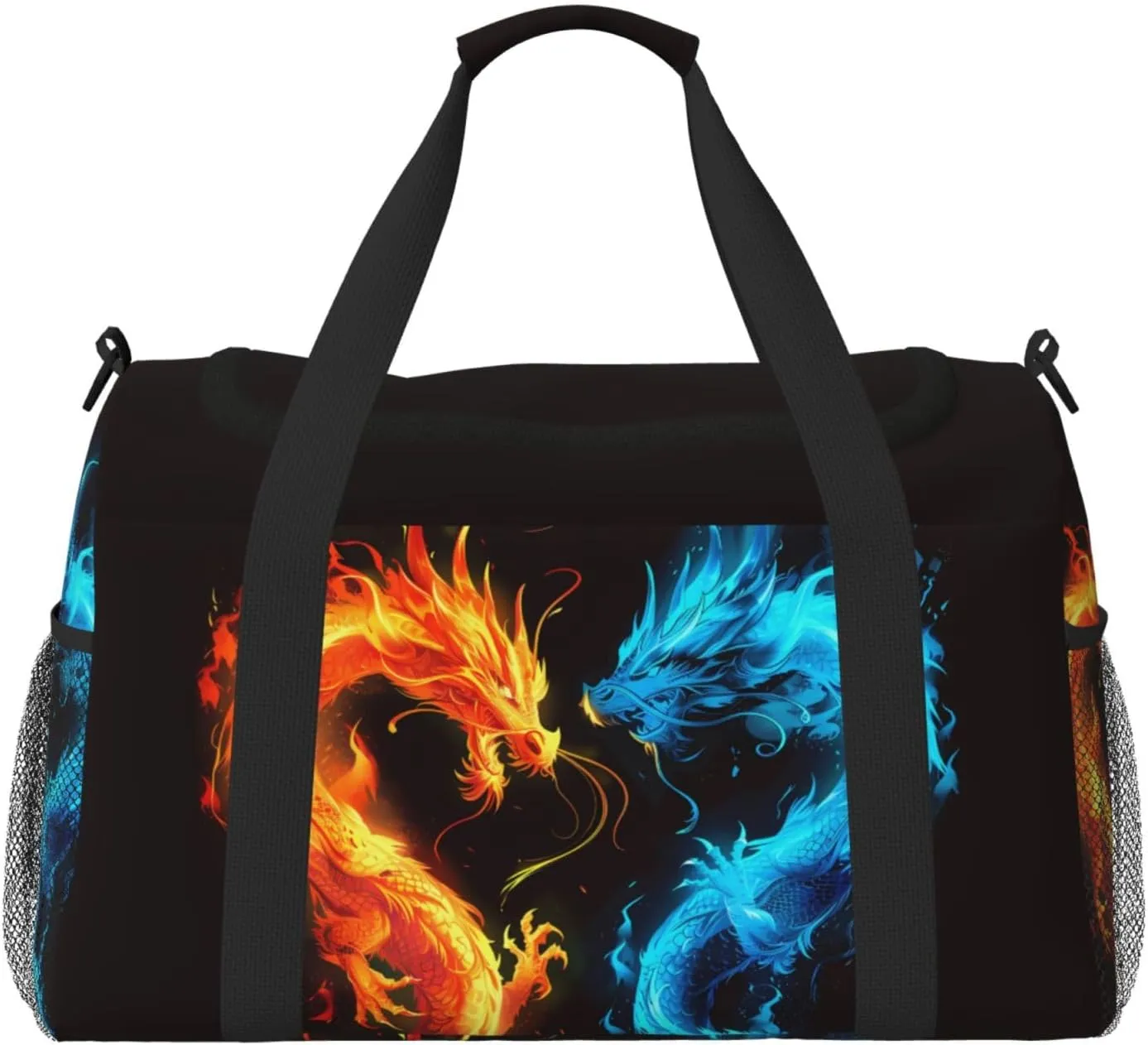 Duffle Bag Orange Blue Fire Dragon Travel Duffel Bags for Men Women with Adjustable Strap Carry on Gym Bag Overnight Weekender Bag