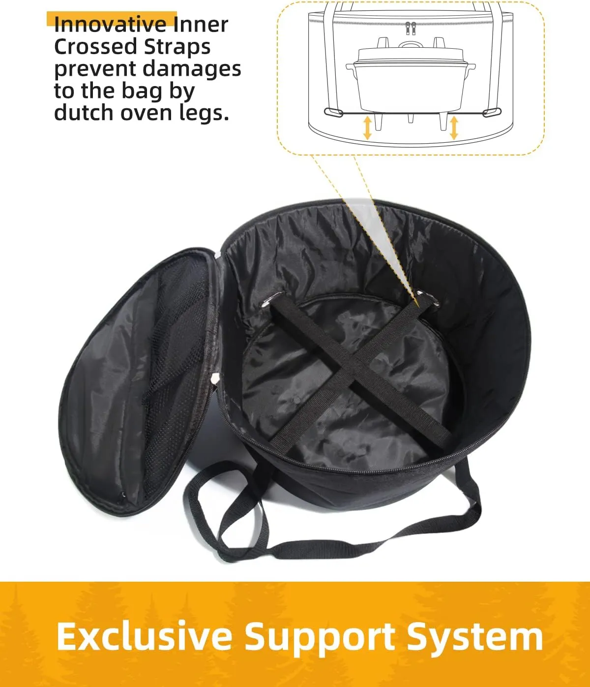 Dutch Oven Bag for 14 Inch Dutch Oven, Carry Bag with Extra Inner Crossed Straps & 2 Pockets