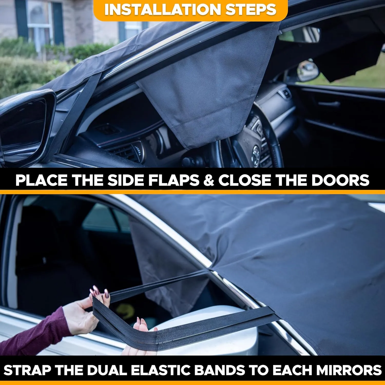 EcoNour Windshield Cover for Ice and Snow | Windshield Frost Cover with Elastic Strap | Windproof Double Strap Design | Water, Heat & Sag-Proof Car Windshield Snow Cover | Medium (69" x 42")