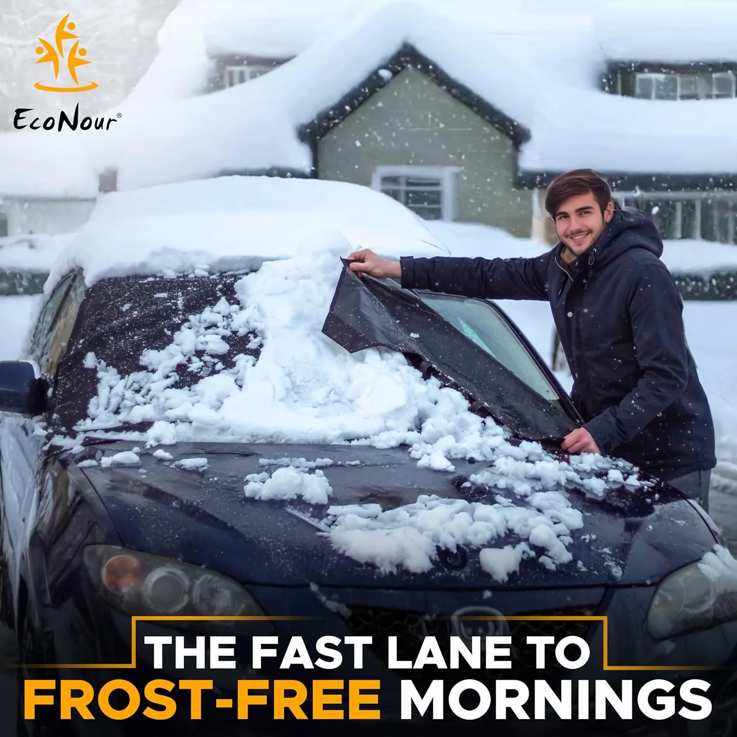 EcoNour Windshield Cover for Ice and Snow | Windshield Frost Cover with Elastic Strap | Windproof Double Strap Design | Water, Heat & Sag-Proof Car Windshield Snow Cover | Medium (69" x 42")