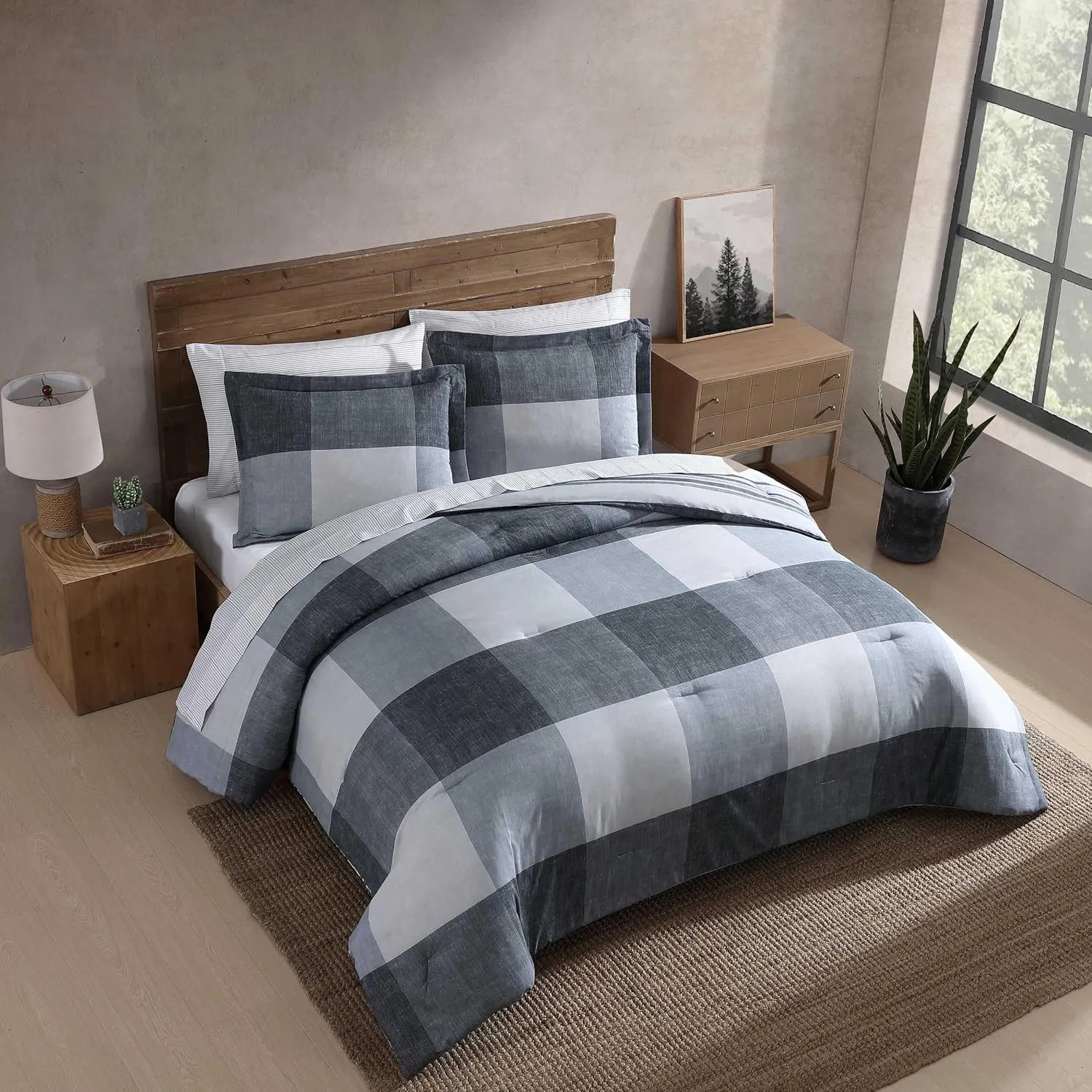 Eddie Bauer - Oversized Twin Comforter Set, 6 Piece Bed in a Bag Bedding Set, Easy Care Cotton Percale Blend, Ultra-Soft Breathable Fabrics (Plaid Grey, Twin)