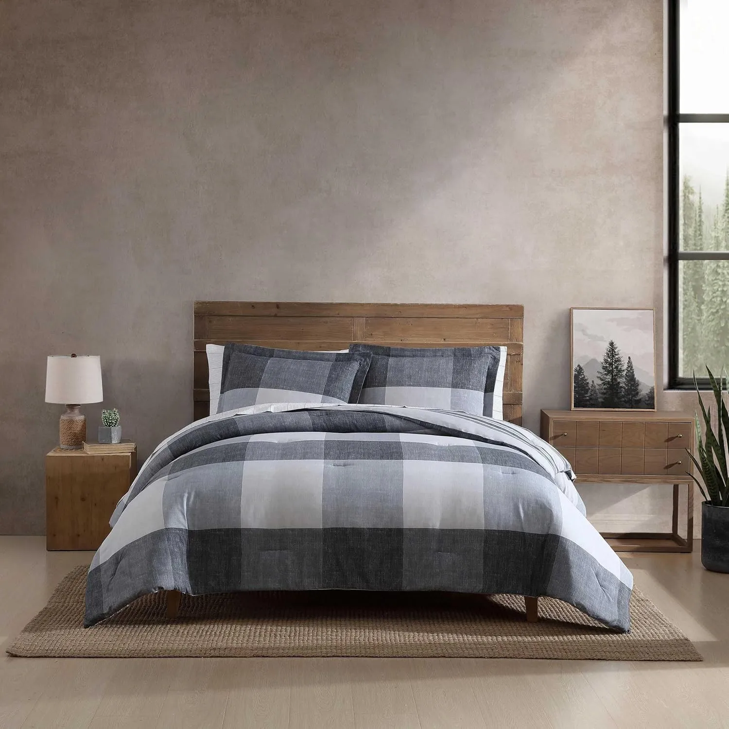 Eddie Bauer - Oversized Twin Comforter Set, 6 Piece Bed in a Bag Bedding Set, Easy Care Cotton Percale Blend, Ultra-Soft Breathable Fabrics (Plaid Grey, Twin)