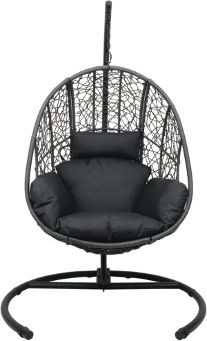 Egg Swing Chair with Stand, Hammock Rattan Lounge Chair, Waterproof and Fade-Resistant High-Density Cushions for Indoor Outdoor, Front and Back Garden, Rain Cover (Black-Wicker-Foam)