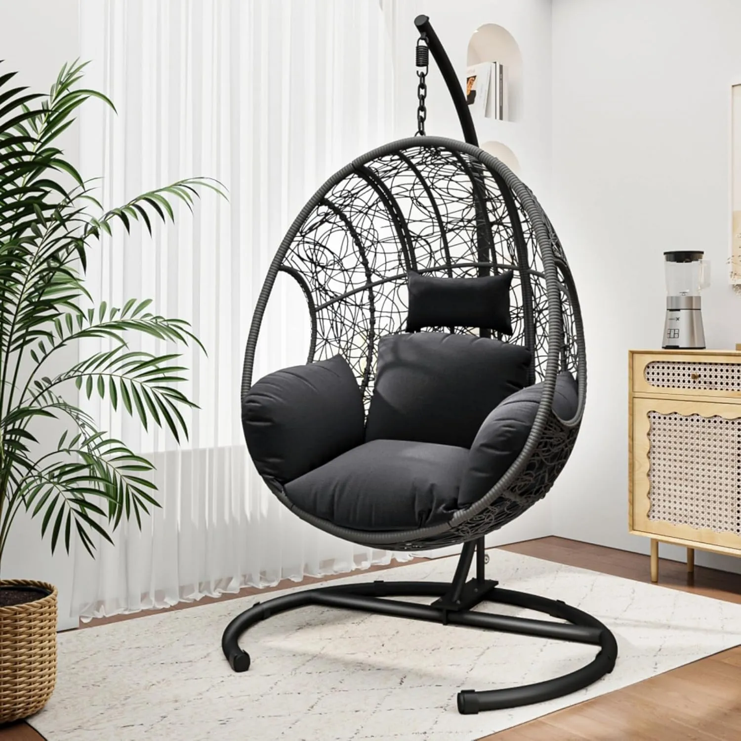 Egg Swing Chair with Stand, Hammock Rattan Lounge Chair, Waterproof and Fade-Resistant High-Density Cushions for Indoor Outdoor, Front and Back Garden, Rain Cover (Black-Wicker-Foam)