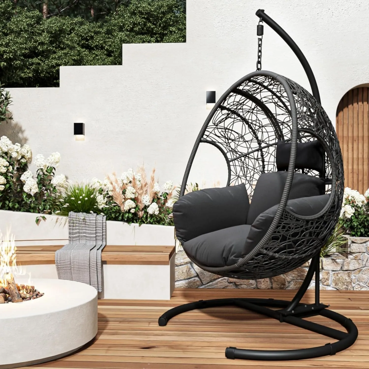Egg Swing Chair with Stand, Hammock Rattan Lounge Chair, Waterproof and Fade-Resistant High-Density Cushions for Indoor Outdoor, Front and Back Garden, Rain Cover (Black-Wicker-Foam)