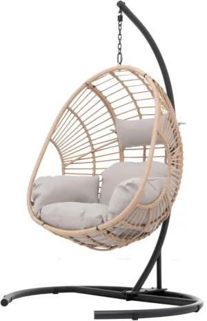 Egg Swing Chair with Stand, Hammock Rattan Lounge Chair, Waterproof and Fade-Resistant High-Density Cushions for Indoor Outdoor, Front and Back Garden, Rain Cover (Natural-Wicker)