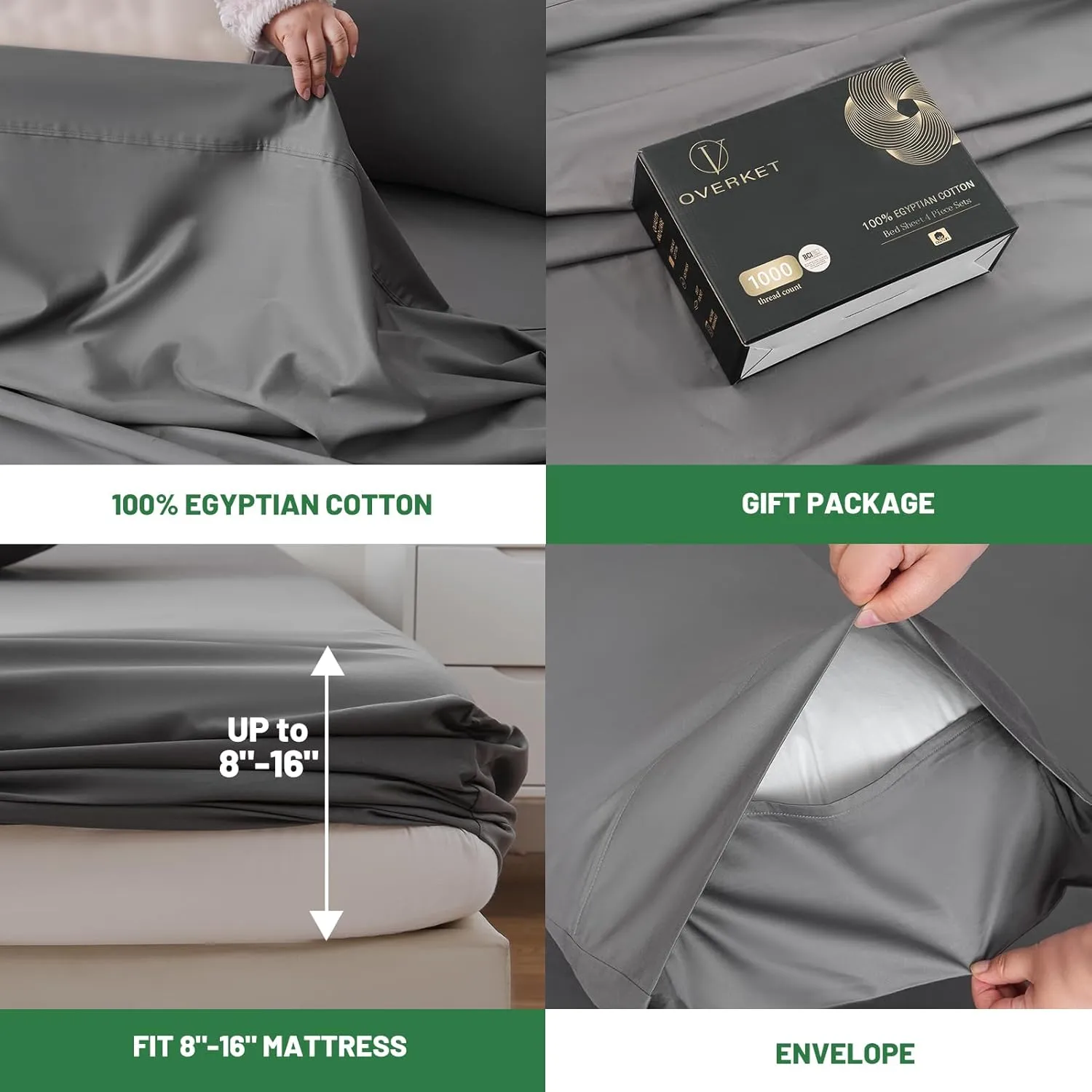 Egyptian Cotton Sheets Full Size 1000 Thread Count Sateen Weave Soft Breathable 16-Inch Deep Pocket 4PCS（Full,Dark Grey）