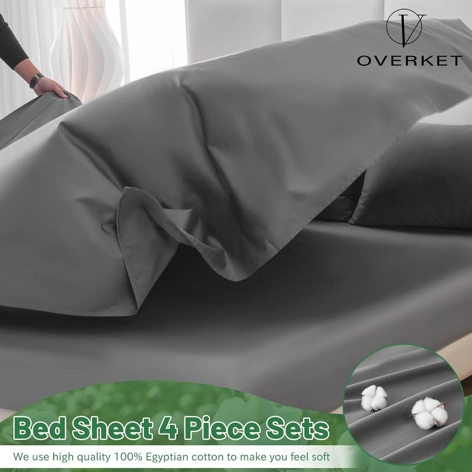 Egyptian Cotton Sheets Full Size 1000 Thread Count Sateen Weave Soft Breathable 16-Inch Deep Pocket 4PCS（Full,Dark Grey）