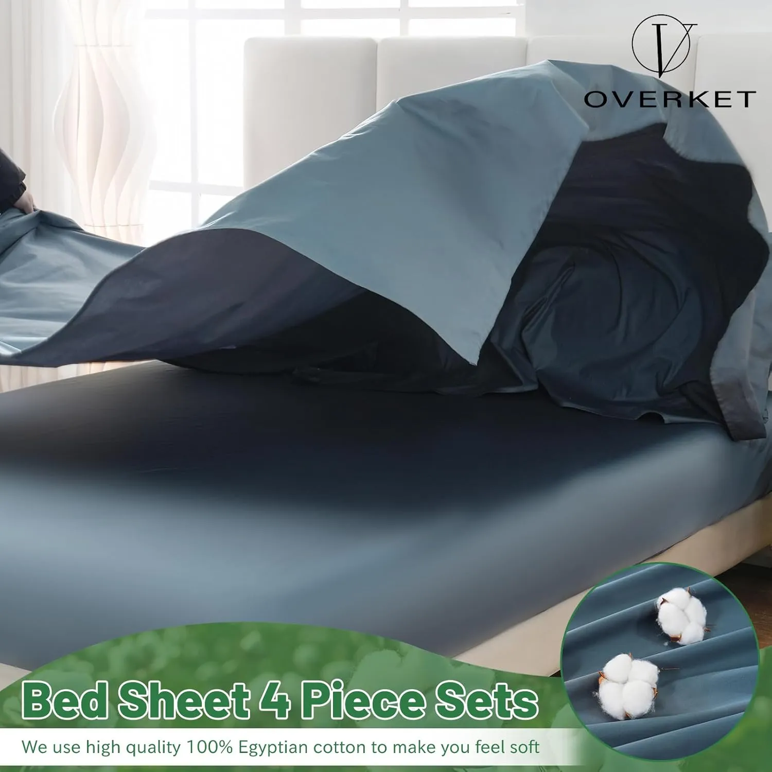 Egyptian Cotton Sheets Full Size 1000 Thread Count Sateen Weave Soft Breathable 16-Inch Deep Pocket 4PCS（Full,Dusty Blue）