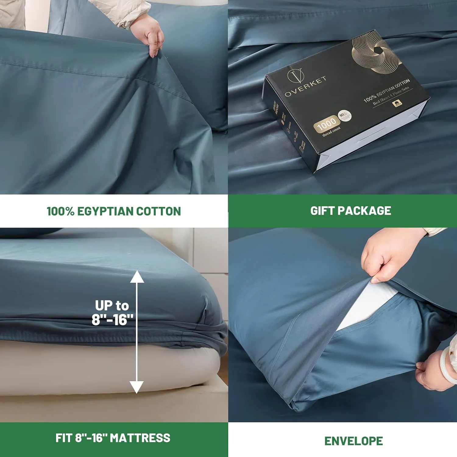 Egyptian Cotton Sheets Full Size 1000 Thread Count Sateen Weave Soft Breathable 16-Inch Deep Pocket 4PCS（Full,Dusty Blue）