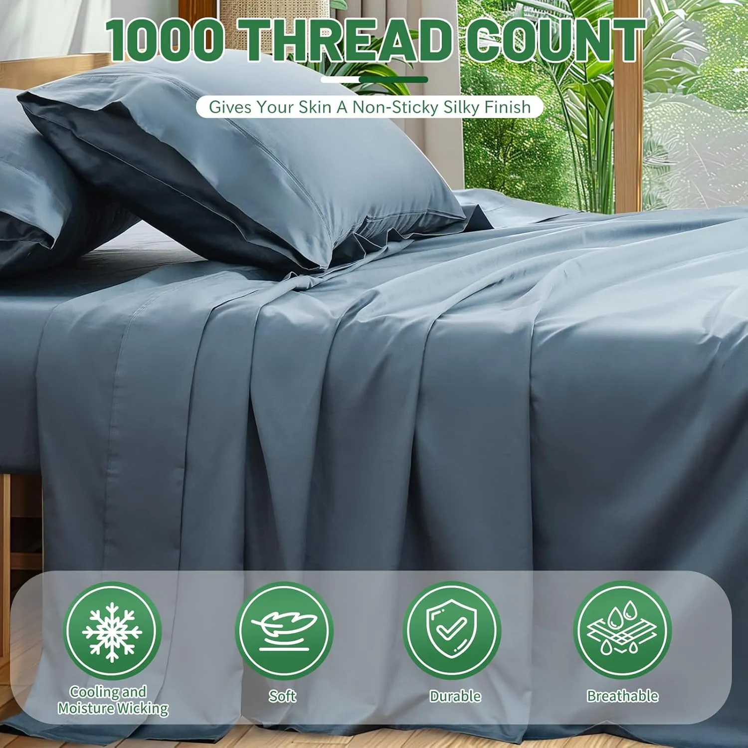 Egyptian Cotton Sheets Full Size 1000 Thread Count Sateen Weave Soft Breathable 16-Inch Deep Pocket 4PCS（Full,Dusty Blue）