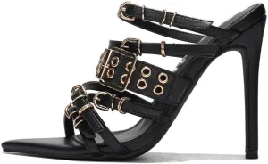 Eldof Women's Heel Mules Metal Buckle Studded Slip On Stilettos High Heels Open Toe Backless Slipper Sexy Dress Party Sandals 4 Inches