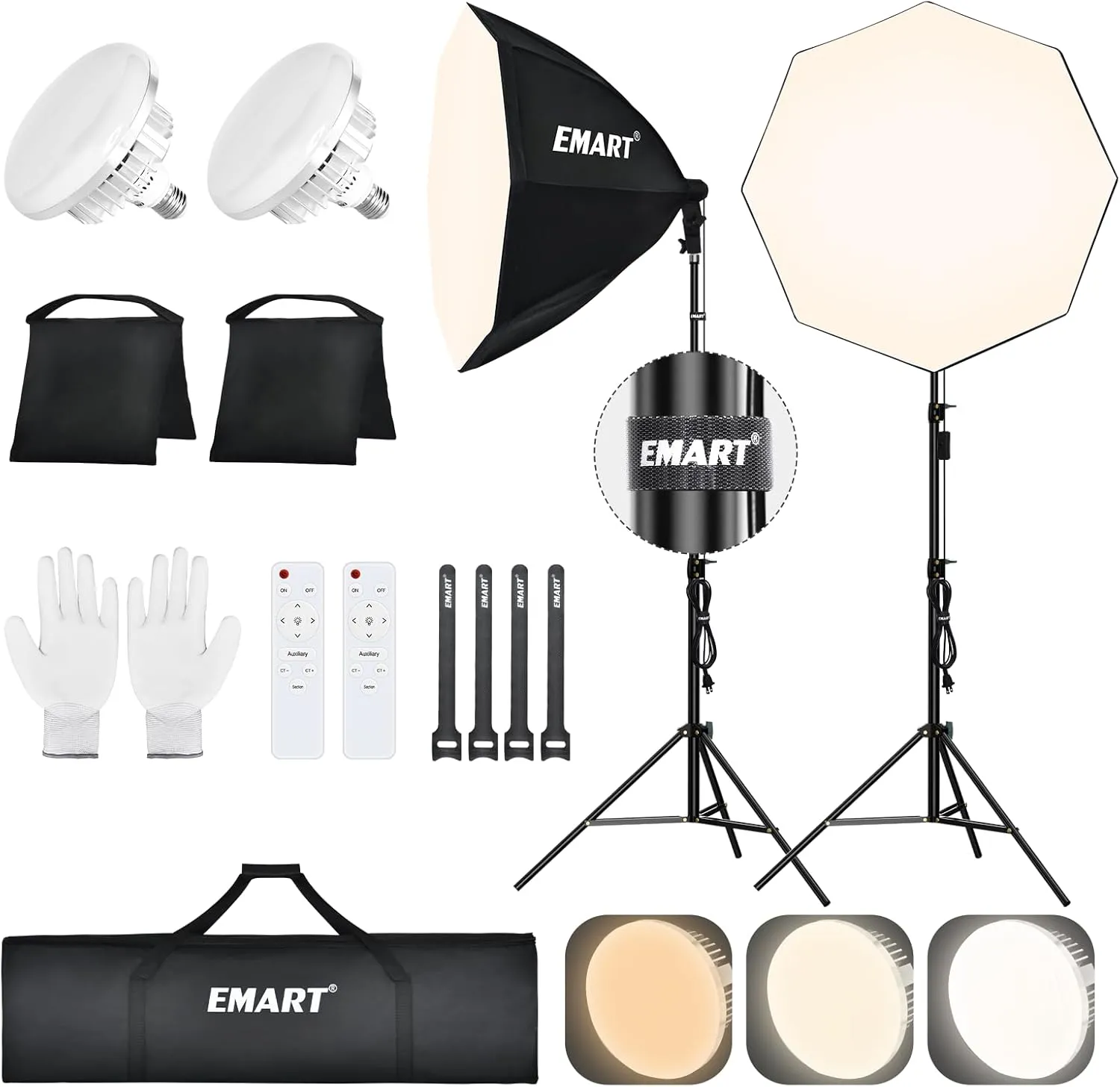 EMART Softbox Lighting Kit with Sandbag, 25.5" (65cm) Diameter Soft Box Lights with 2x135W 3000-6500K Remote Controlled LED Bulb, Photography Lighting Kit for Studio Video Recording, Filming, Portrait