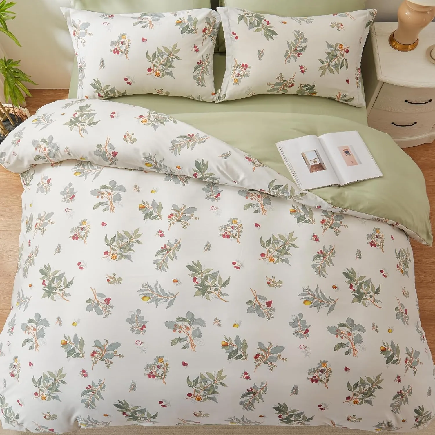 EMME Botanical Sage Green Comforter Set King Size 7 Pieces＿Brushed Microfiber Bed in a Bag for Girls, Ultra Soft Bedding Set with Sheets (Sage Green, King (7 Piece), Adult