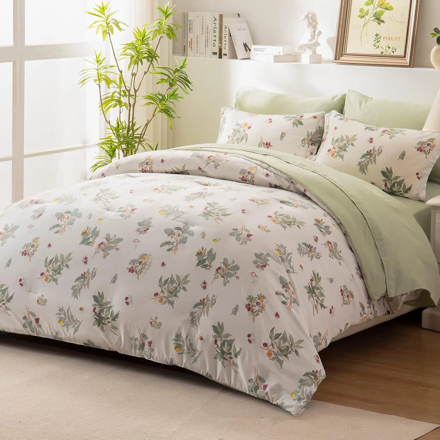 EMME Botanical Sage Green Comforter Set King Size 7 Pieces＿Brushed Microfiber Bed in a Bag for Girls, Ultra Soft Bedding Set with Sheets (Sage Green, King (7 Piece), Adult
